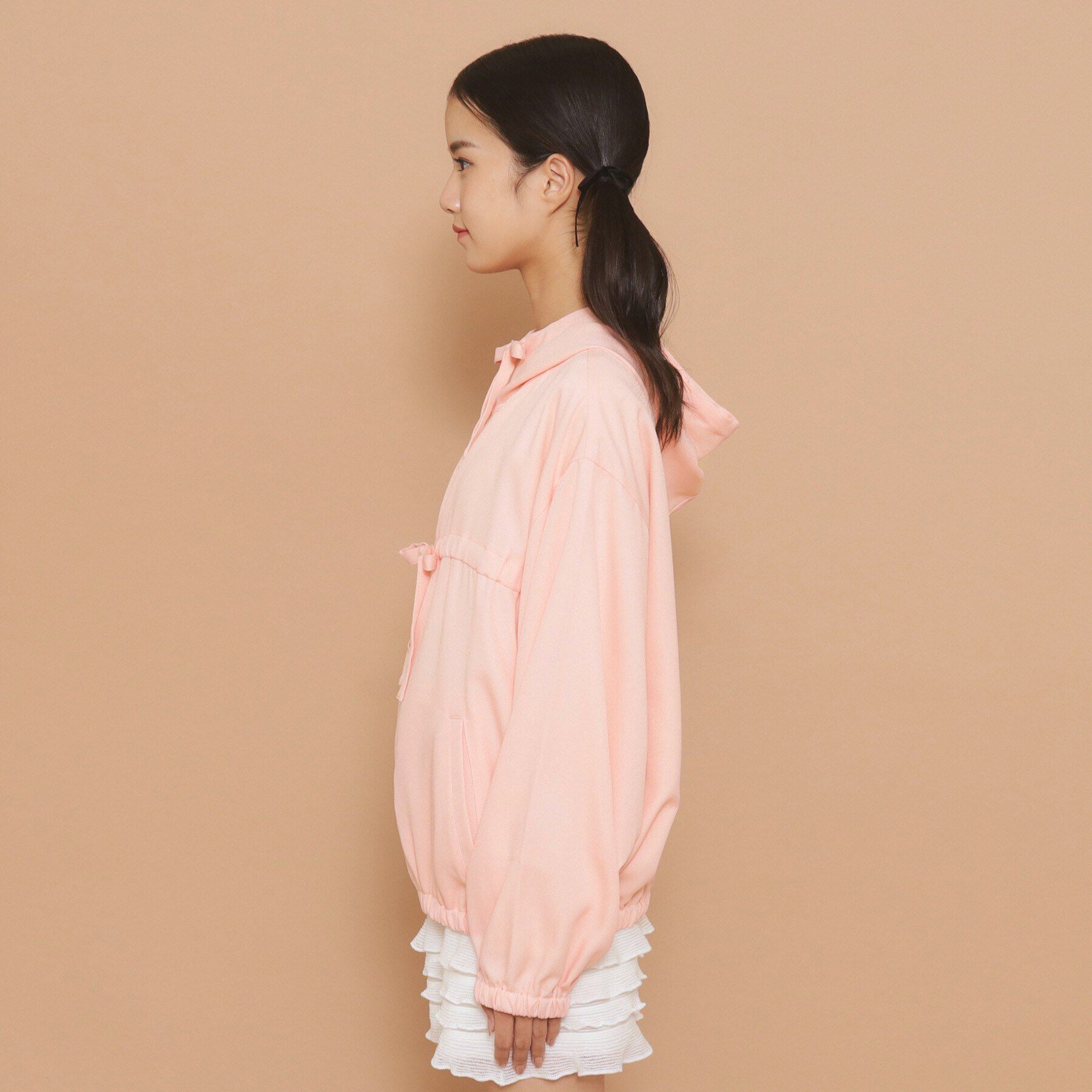 PINK-latte「【130cmあり】フード付き フロントダブルリボンアウター」|ブルゾン・スタジャン|