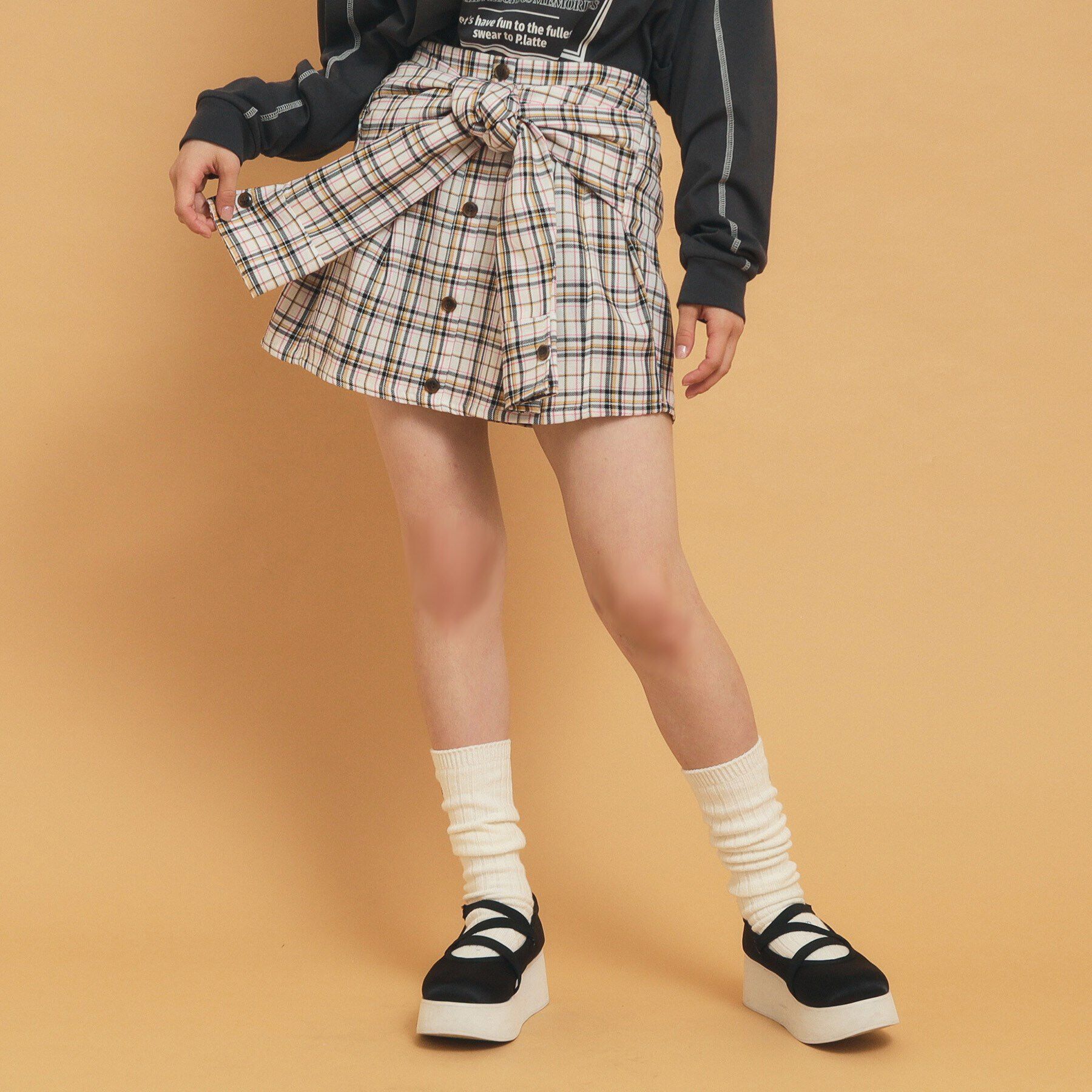 PINK-latte「【インナー付き】腰巻きネルシャツ風スカート」|スカート|