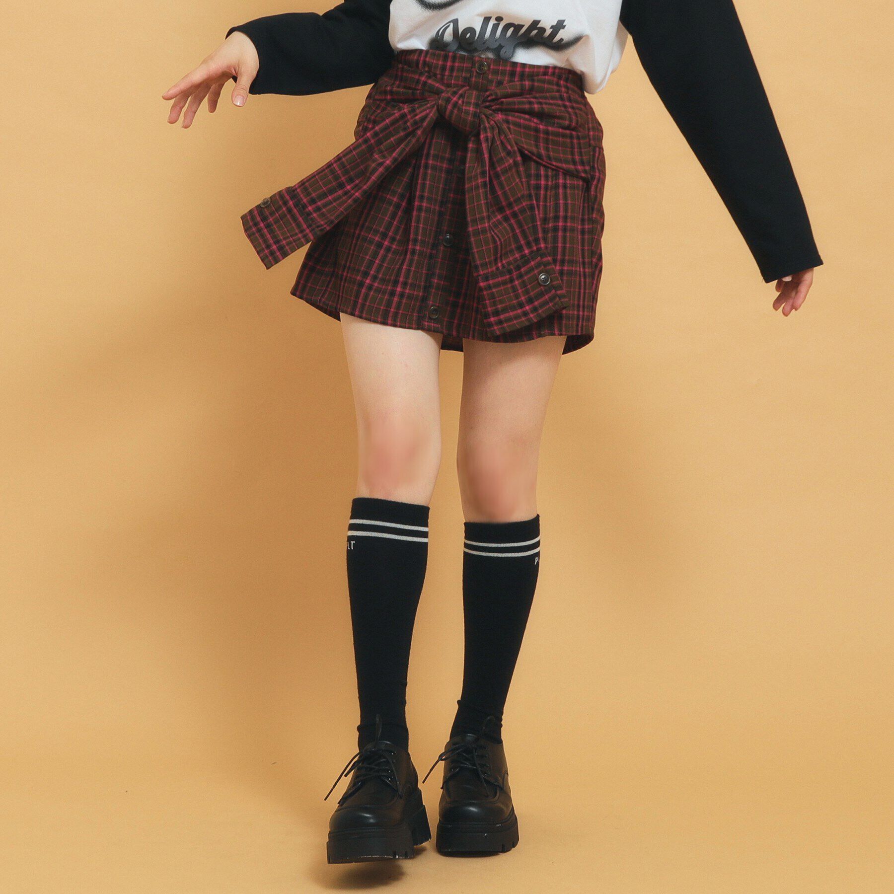 PINK-latte「【インナー付き】腰巻きネルシャツ風スカート」|スカート|ブラウン(243)