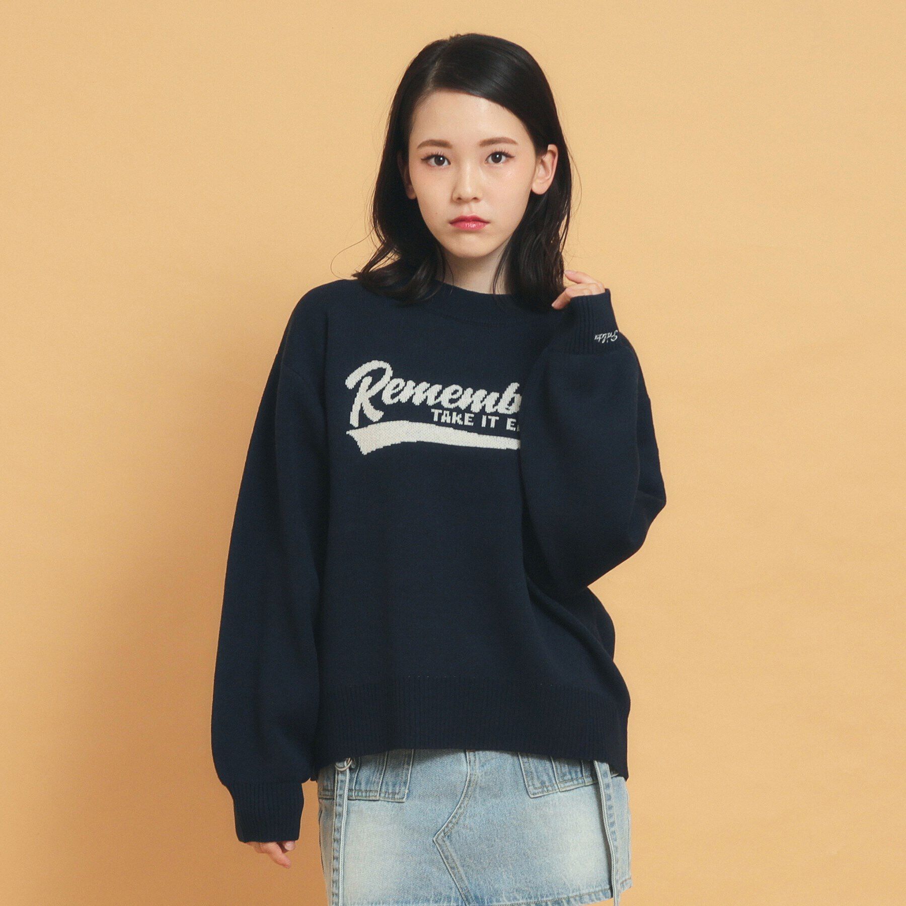 PINK-latte「【秋冬の主役級】ジャカードロゴニット」|ニット・セーター|ネイビー(094)