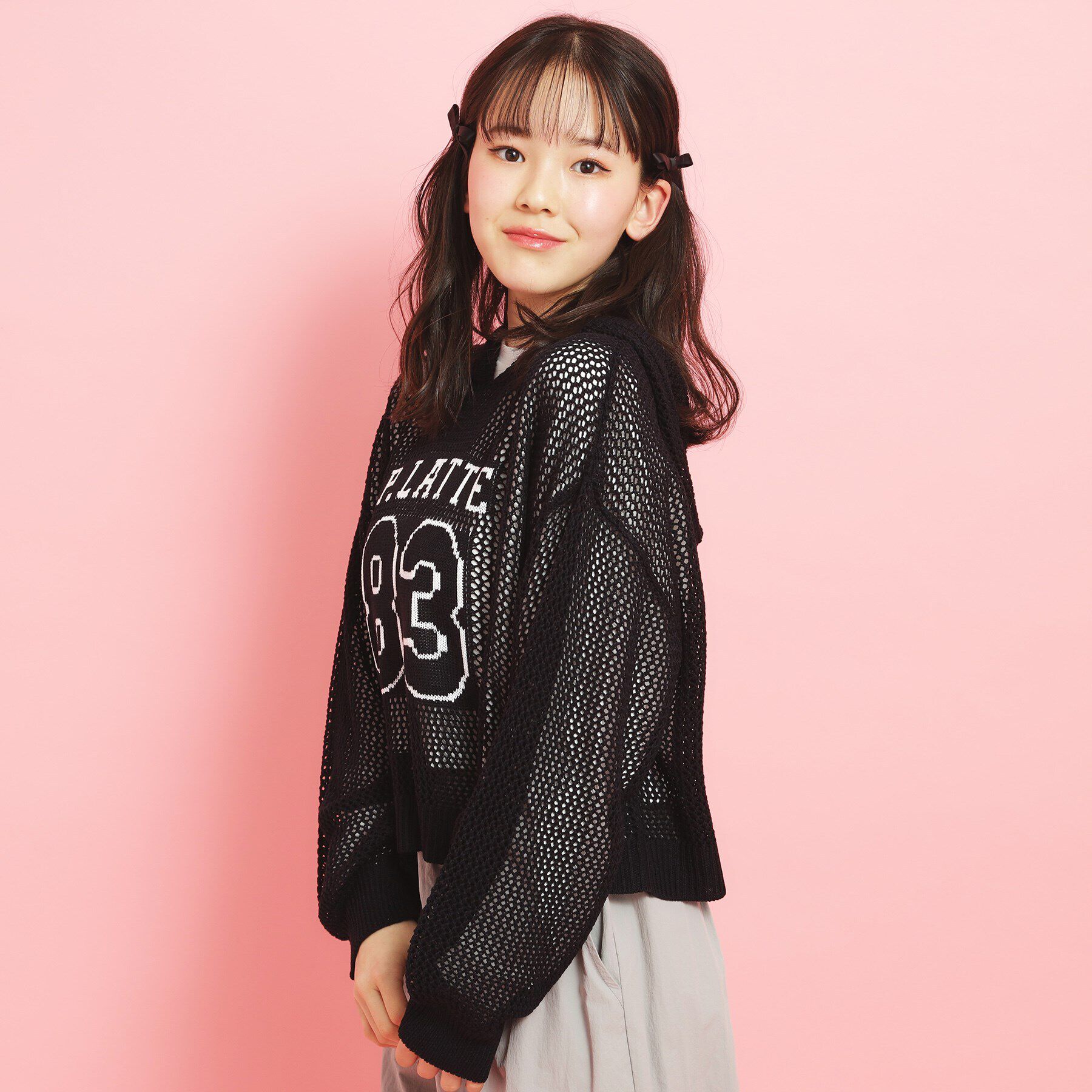 PINK-latte「【セットアイテム】ナンバリングメッシュ＋ロンT」|ニット・セーター|ブラック(019)