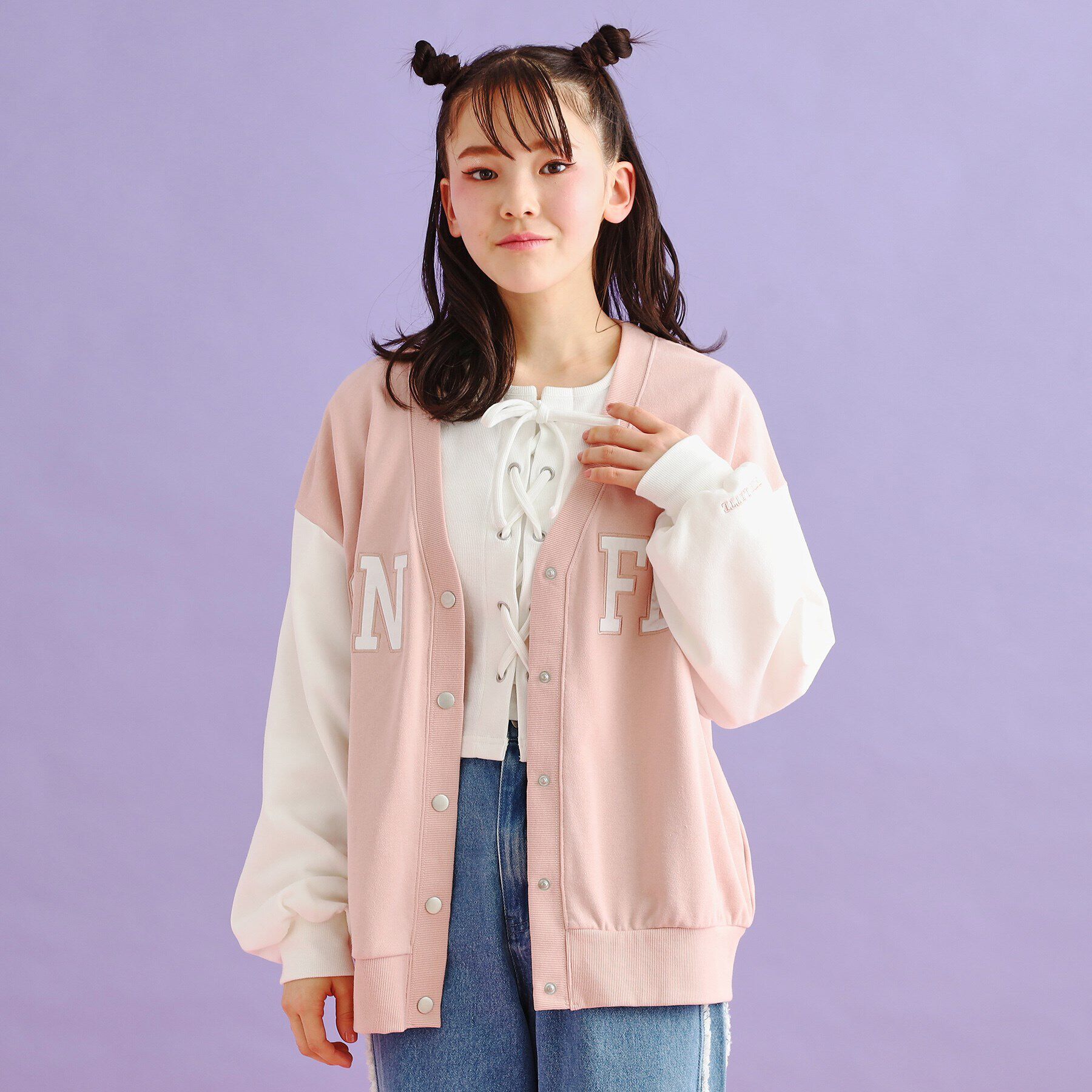 PINK-latte「裏毛配色ロゴカーディガン」|カーディガン|ピンク(072)