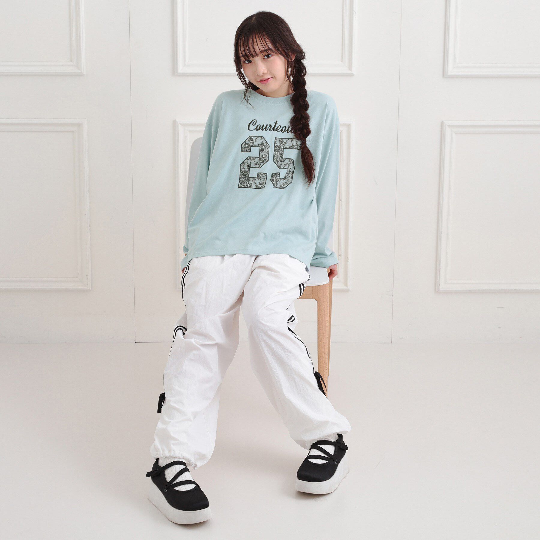 PINK-latte「レースプリントナンバリングロンT」|Tシャツ・カットソー|