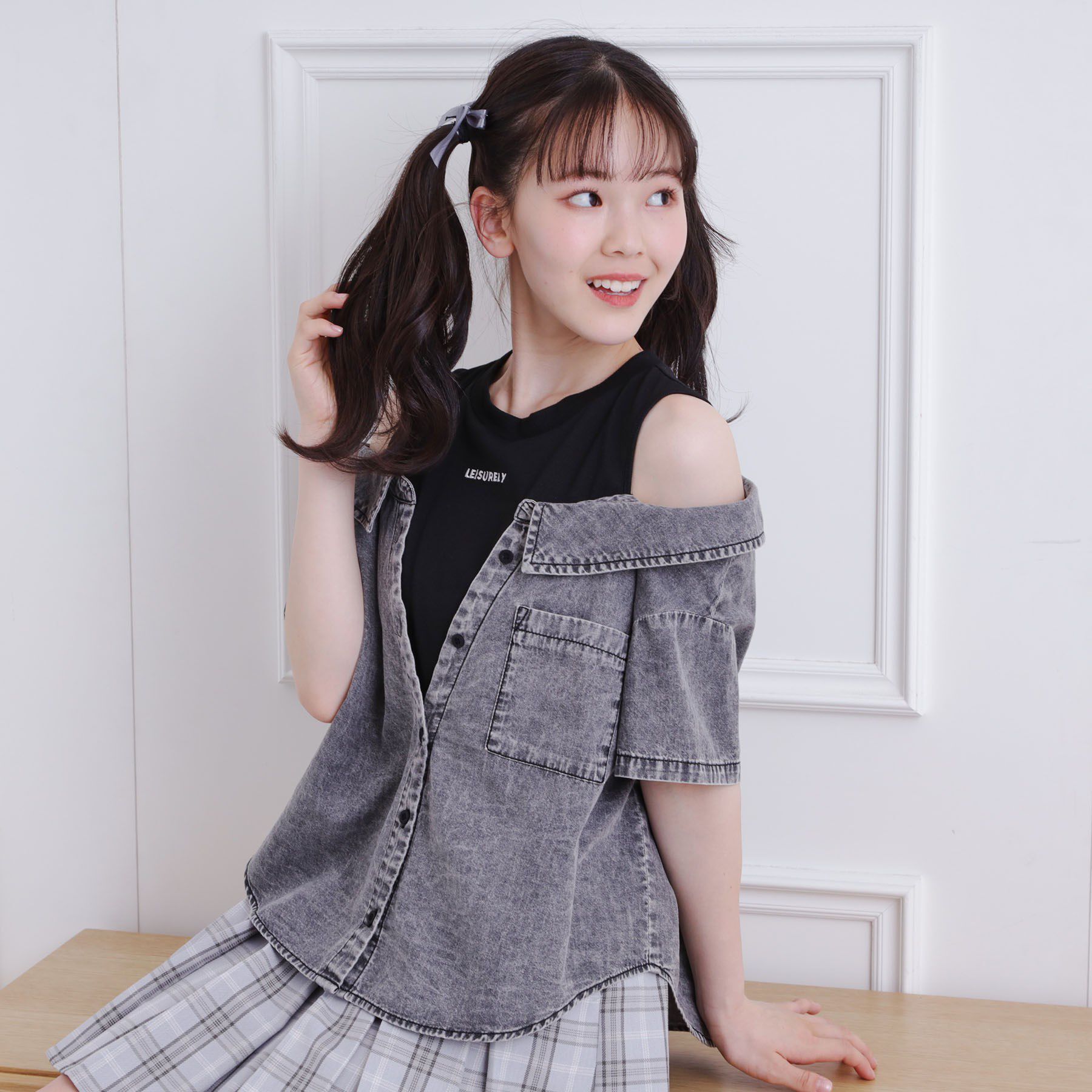 PINK-latte「肩あきデニムドッキングシャツ」|シャツ・ブラウス|ブラック(419)