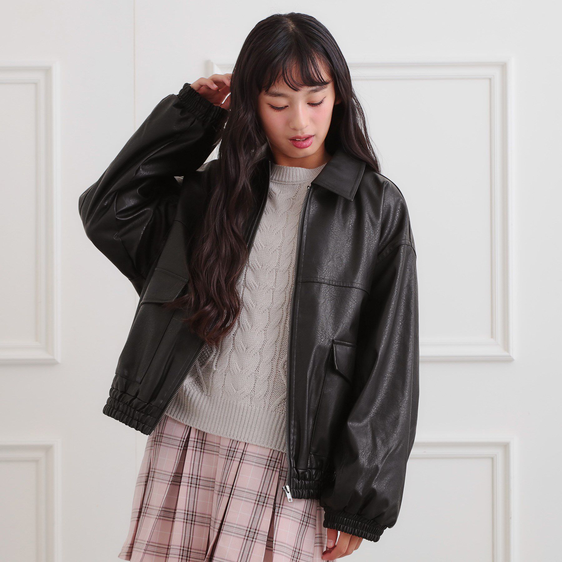 PINK-latte「合成皮革ブルゾン」|ブルゾン・スタジャン|ブラック(019)