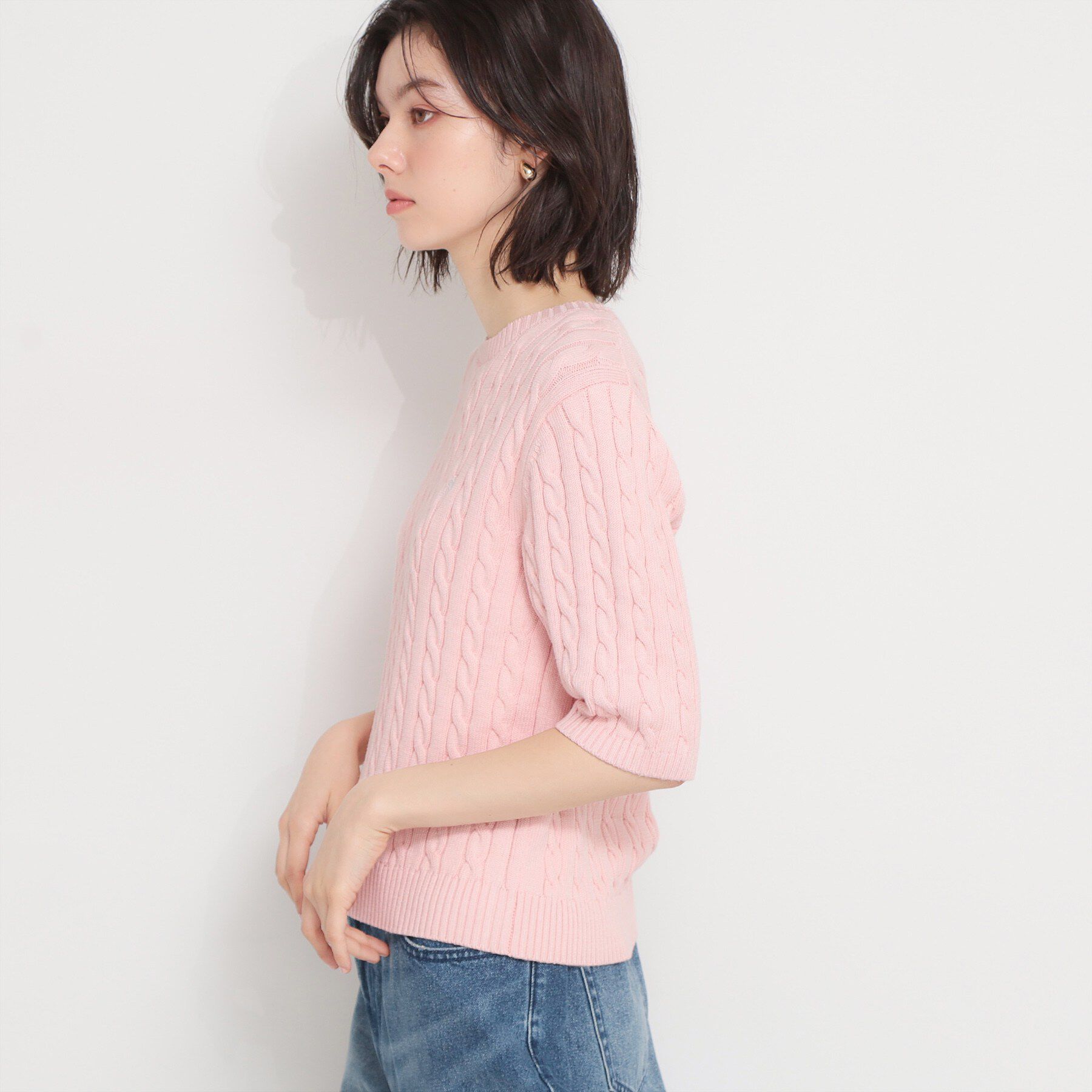 THE SHOP TK「POLO BCS ケーブル5分袖ニット」|ニット・セーター|