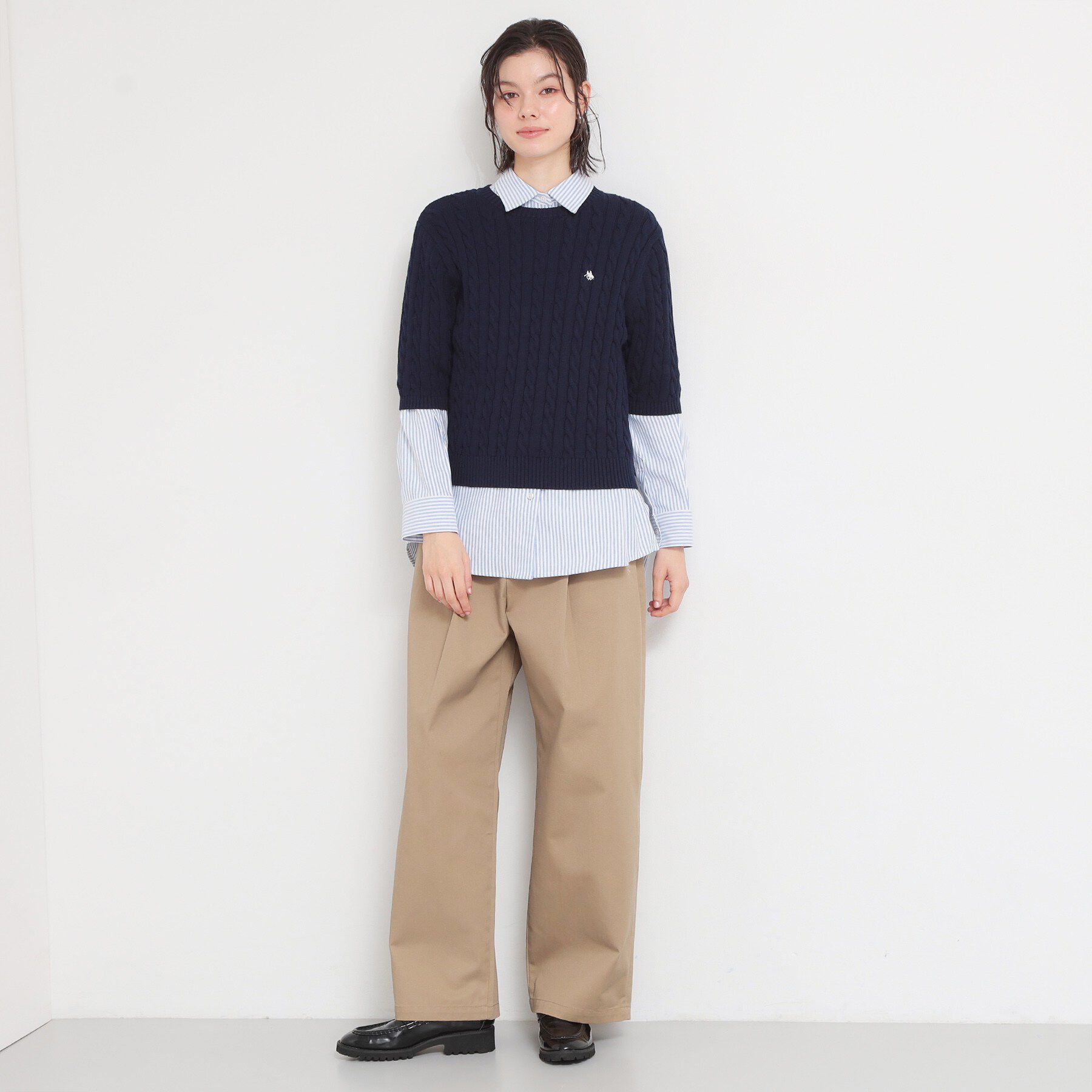 THE SHOP TK「POLO BCS ケーブル5分袖ニット」|ニット・セーター|