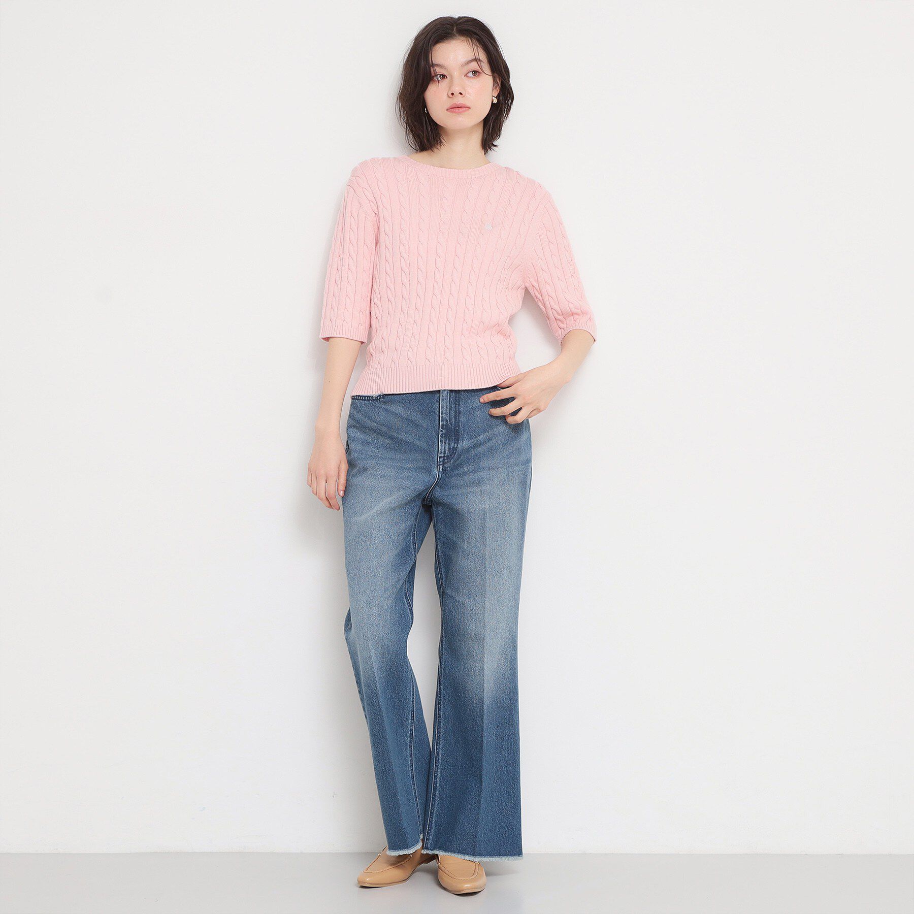 THE SHOP TK「POLO BCS ケーブル5分袖ニット」|ニット・セーター|