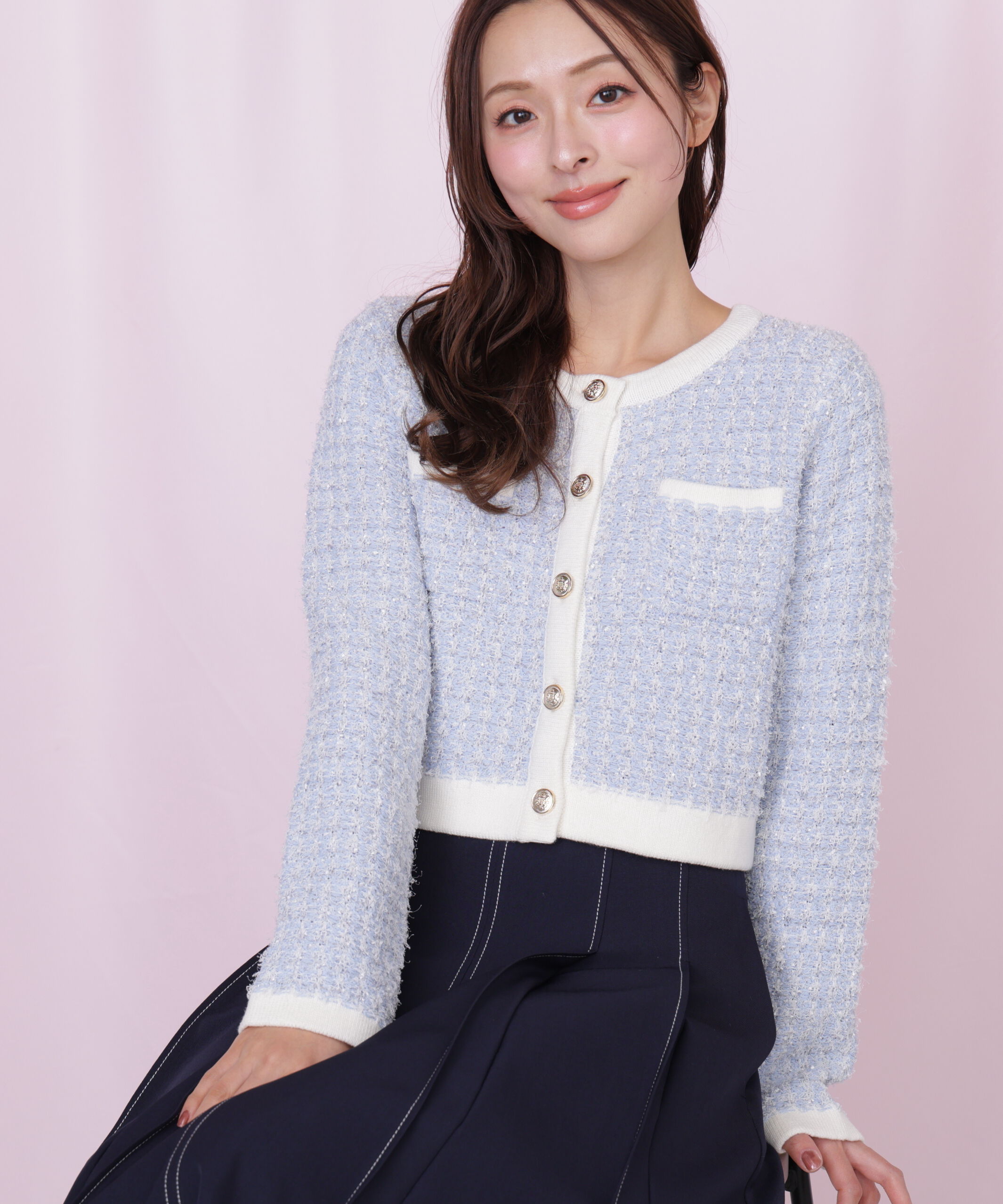  「ミックスツイードニットジャケット」|ニット・セーター|ブルー