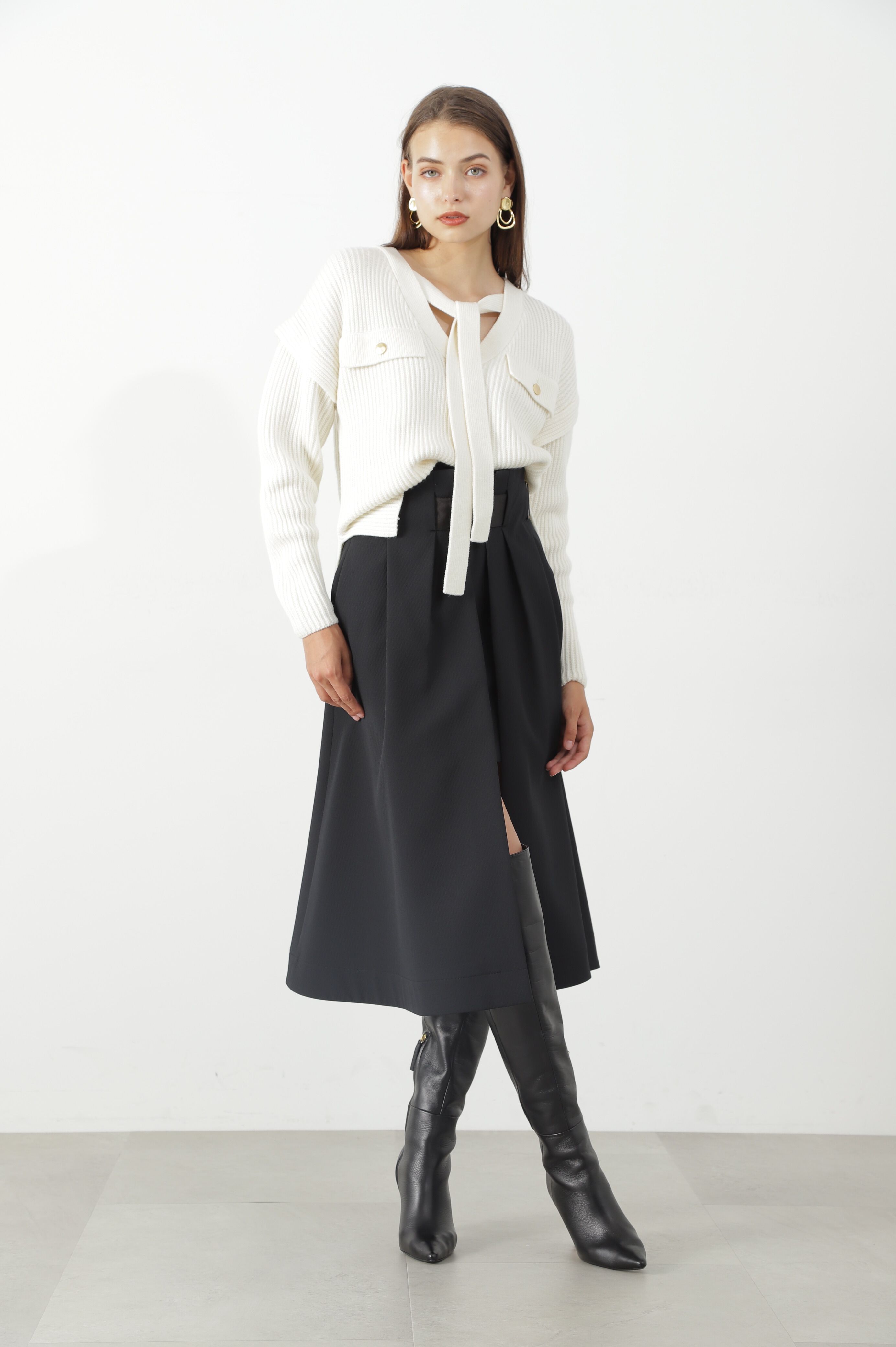  「◆片畦ボウタイミドルゲージニットプルオーバー」|ニット・セーター|