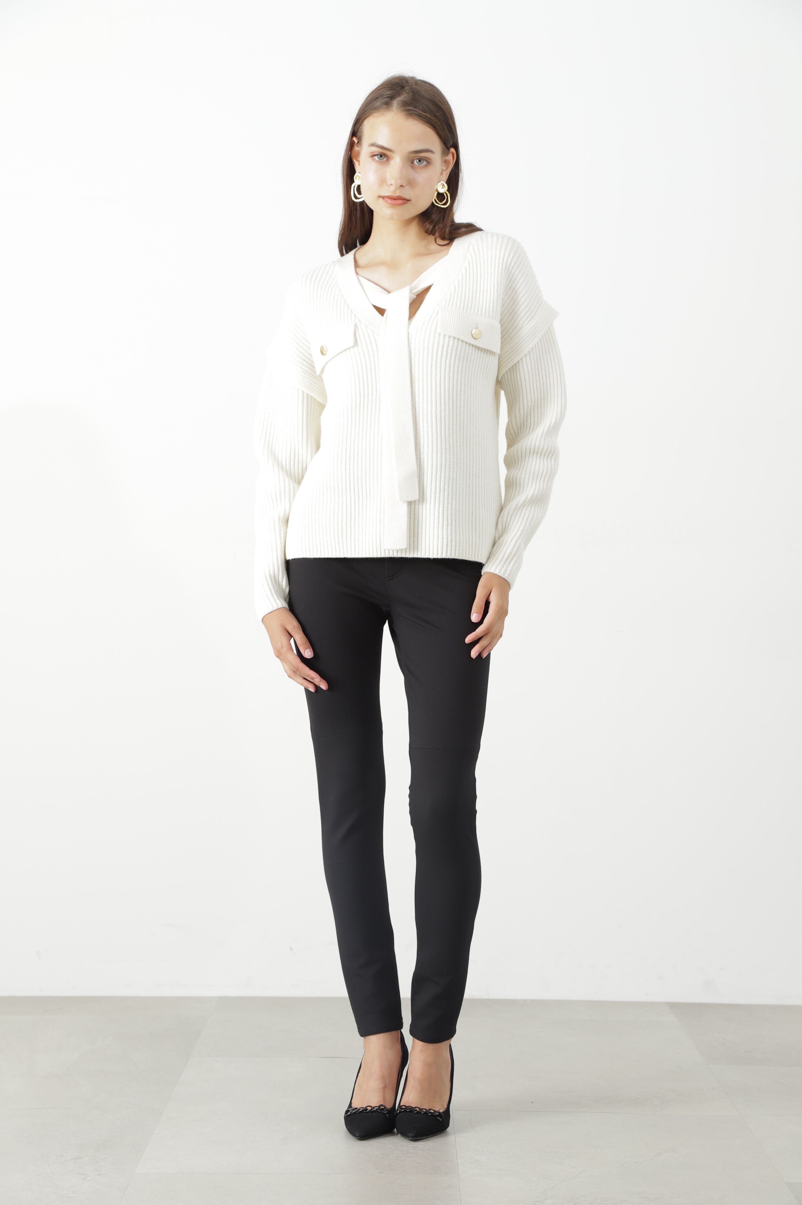  「◆片畦ボウタイミドルゲージニットプルオーバー」|ニット・セーター|