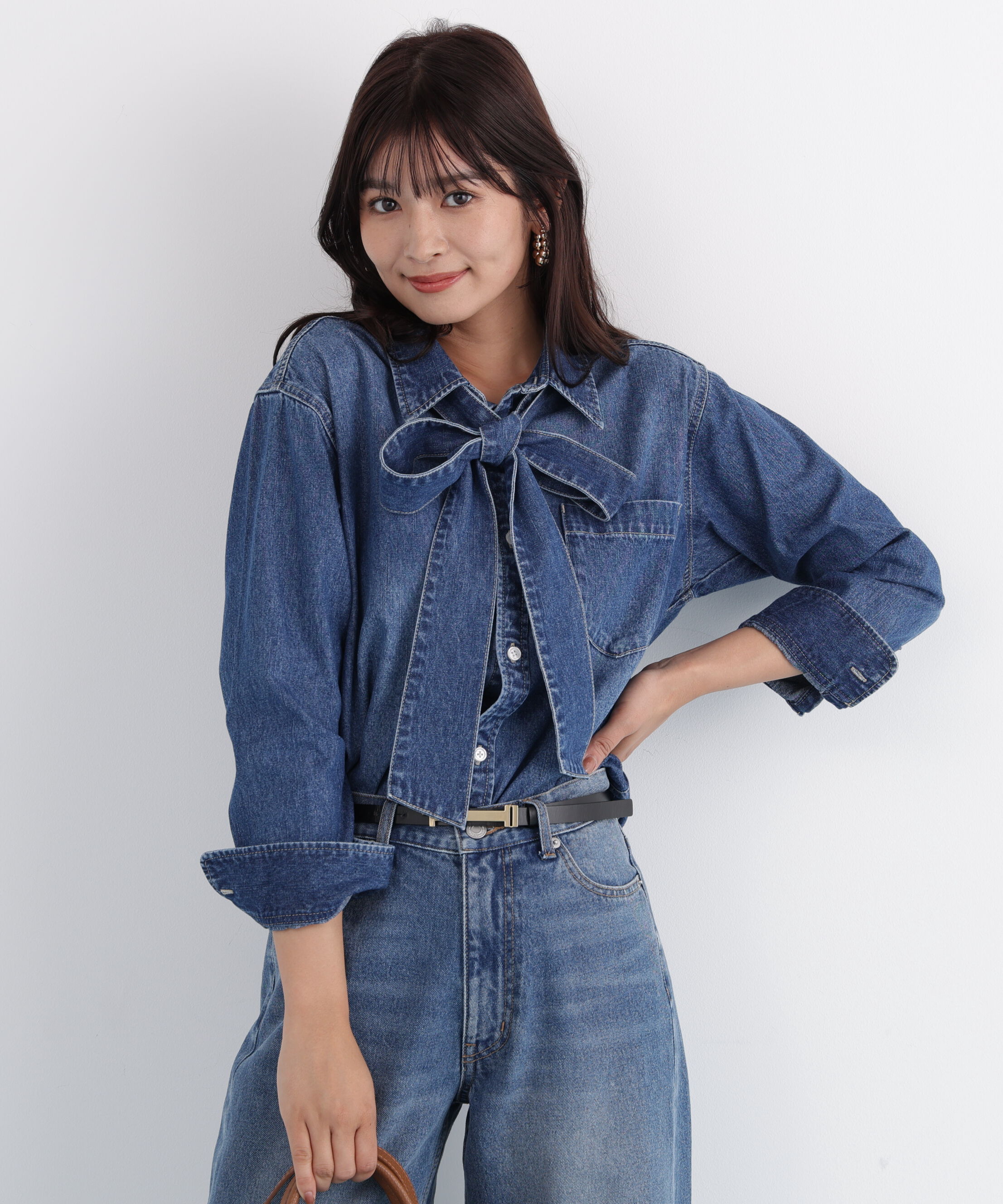  「ネックリボンデニムシャツ」|シャツ・ブラウス|インディゴ