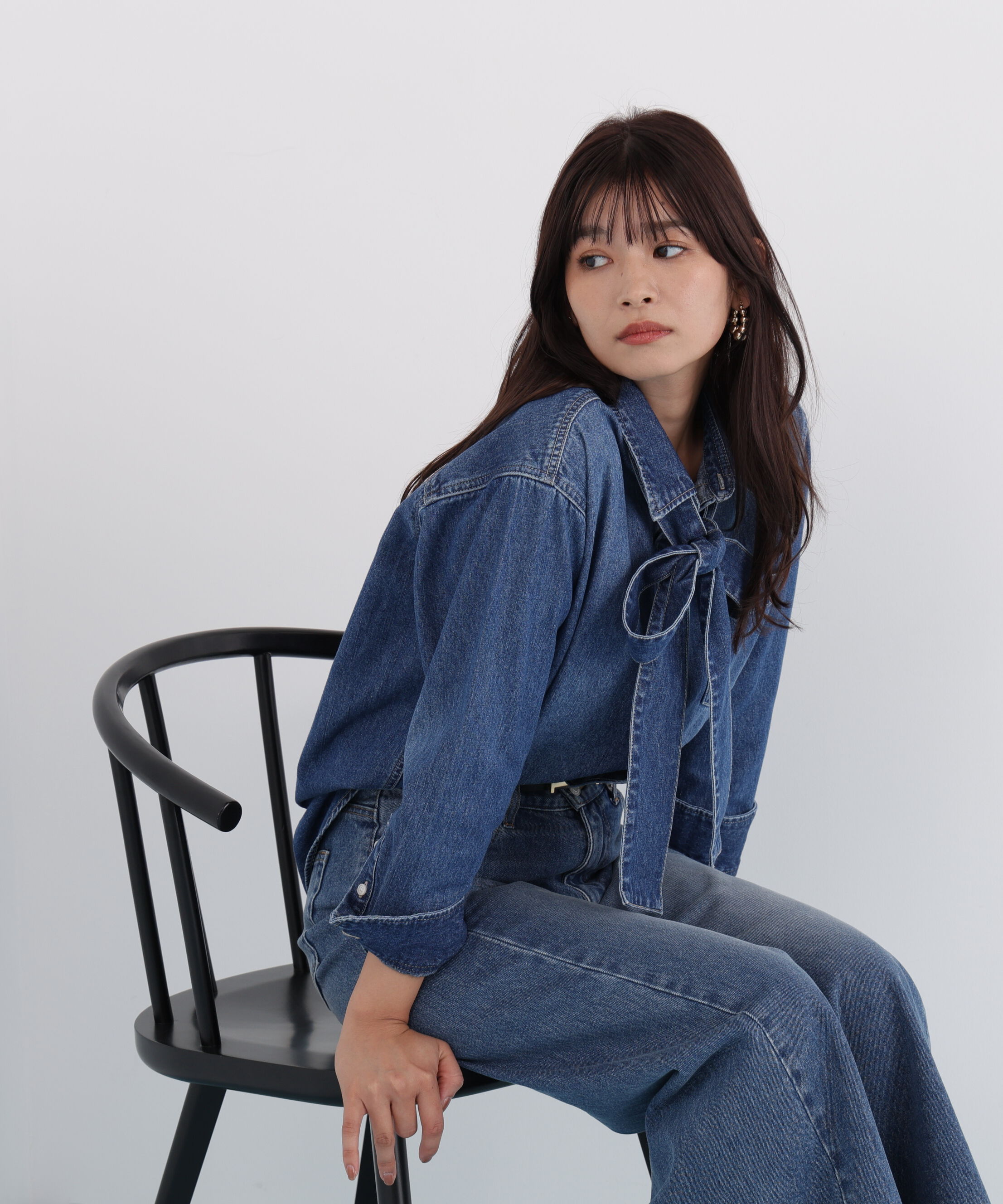  「ネックリボンデニムシャツ」|シャツ・ブラウス|