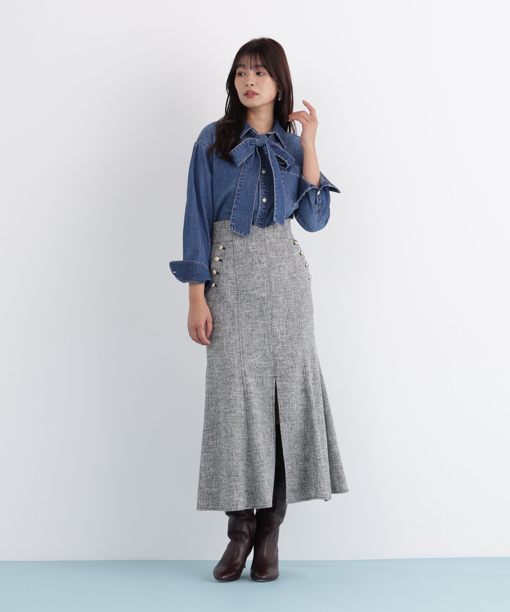  「ネックリボンデニムシャツ」|シャツ・ブラウス|