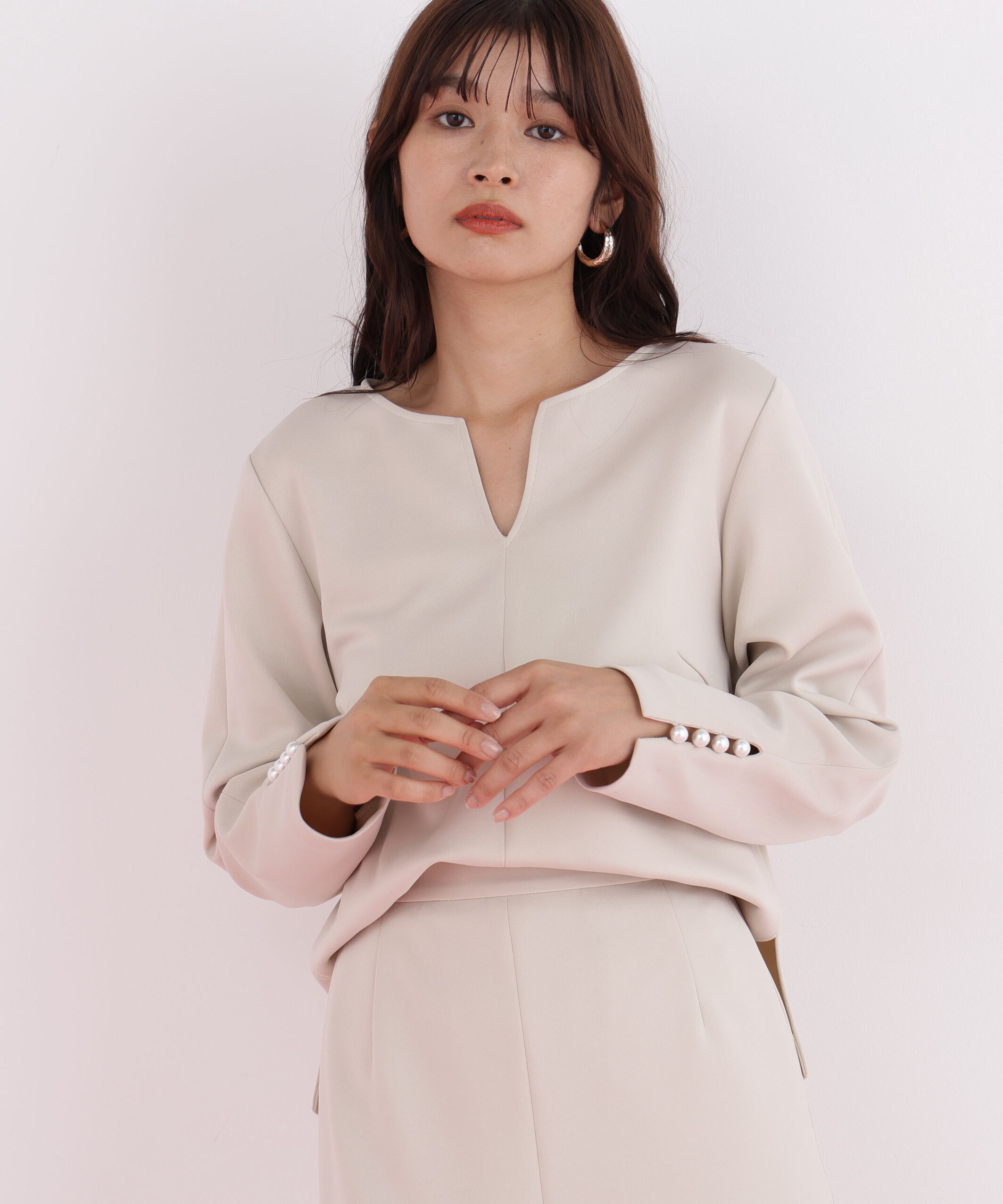  「パールビーズスリーブジャージトップス」|シャツ・ブラウス|