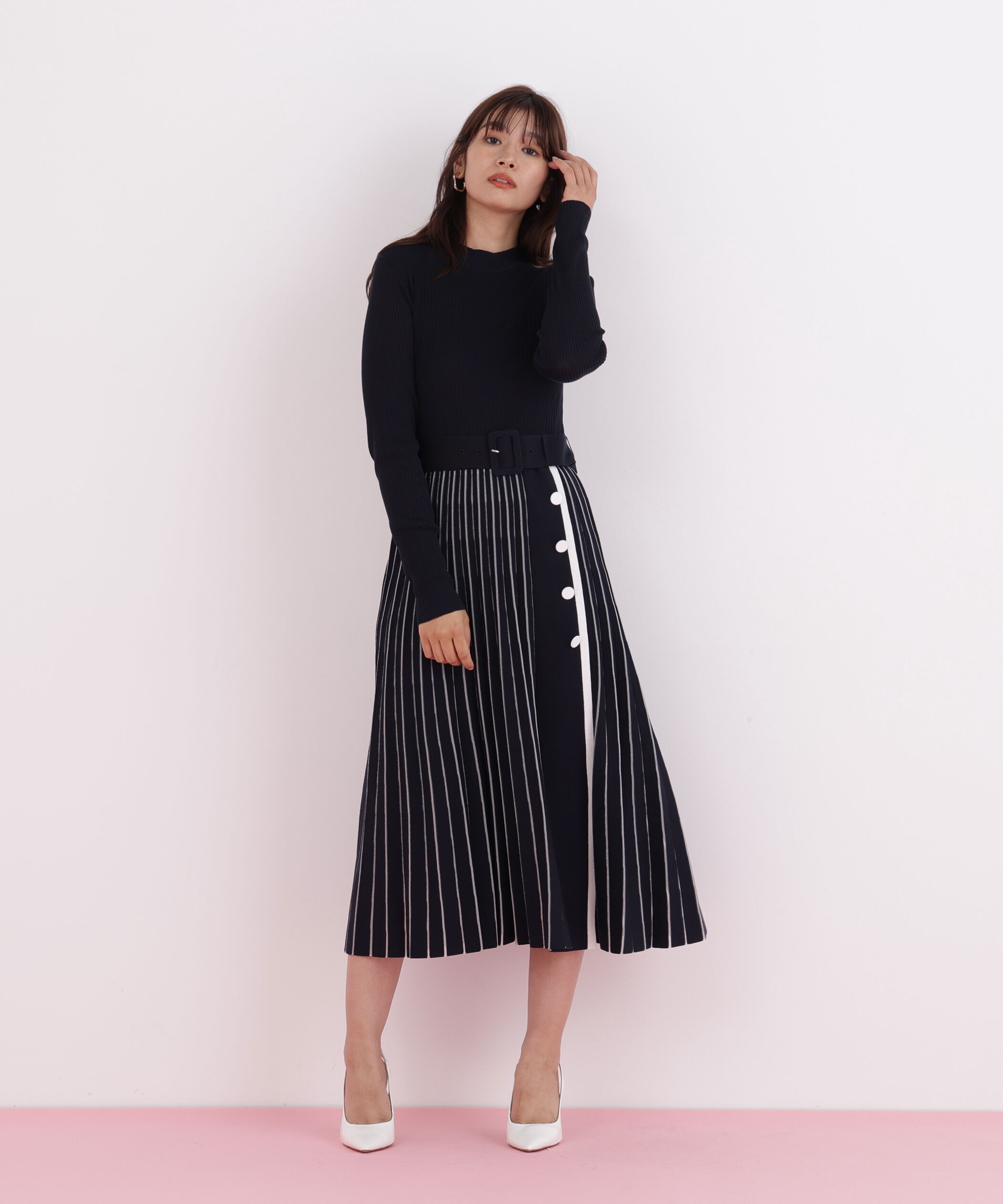  「プリーツコンビニットワンピース」|ワンピース|