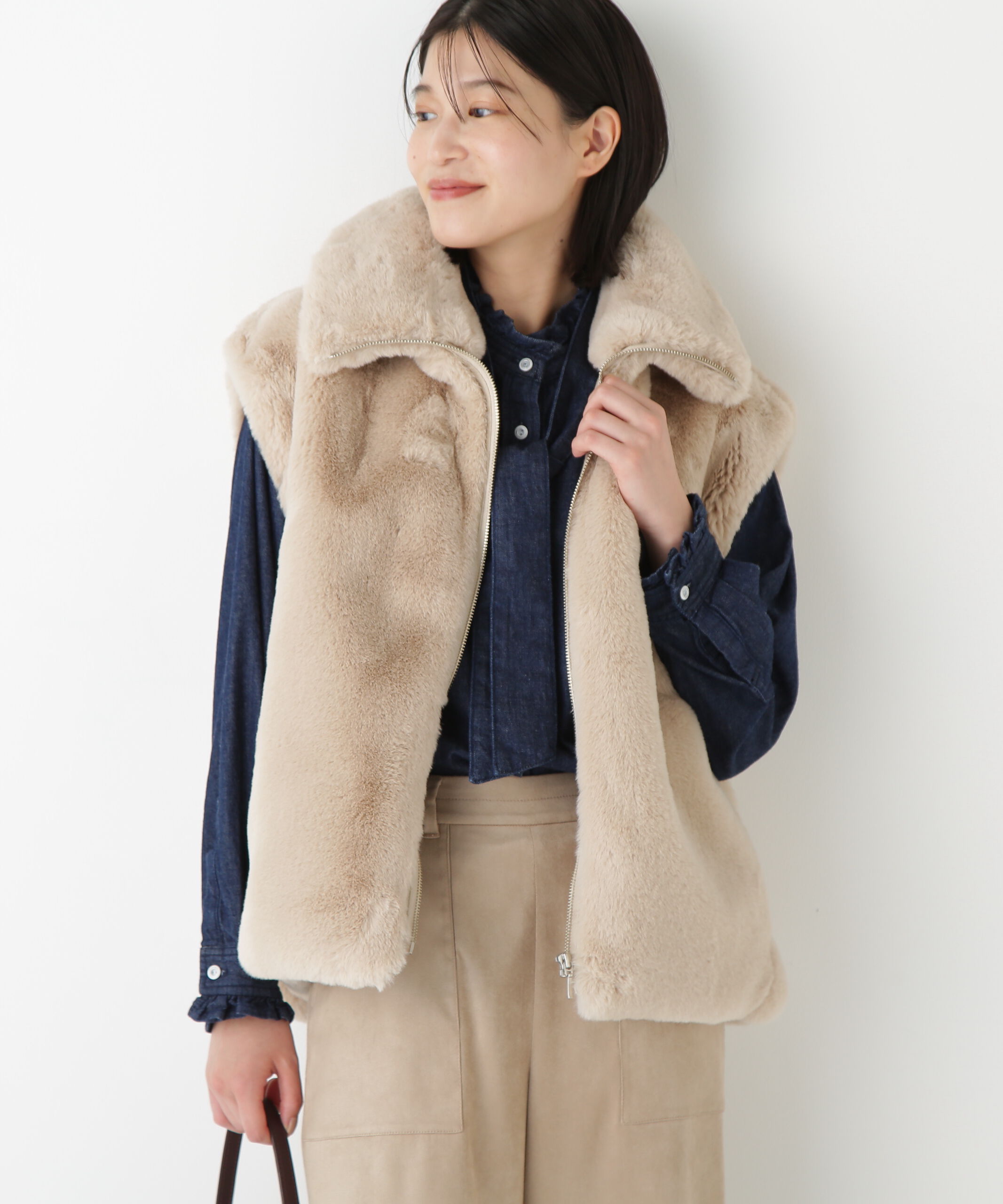  「◆フェイクファーコクーンジレ」|ブルゾン・スタジャン|ベージュ