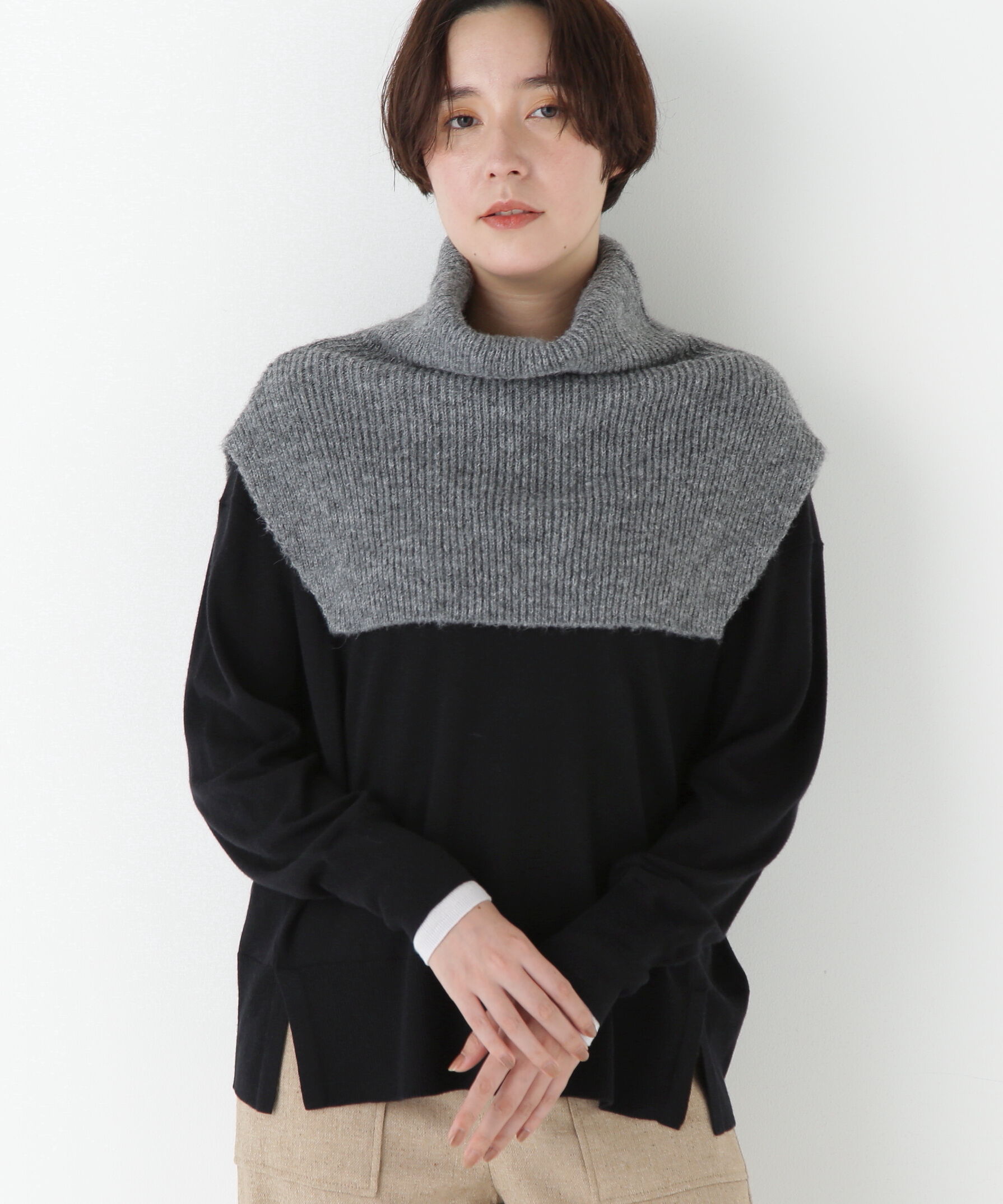  「◆スリットハイネックショートベスト」|ニット・セーター|グレー