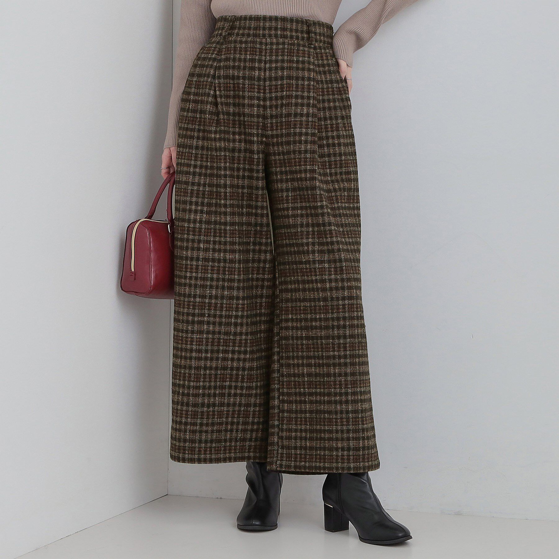 SHOO･LA･RUE「【あったか】脚のラインをきれいに魅せる チェック柄ワイドパンツ」|その他|ブラック(219)