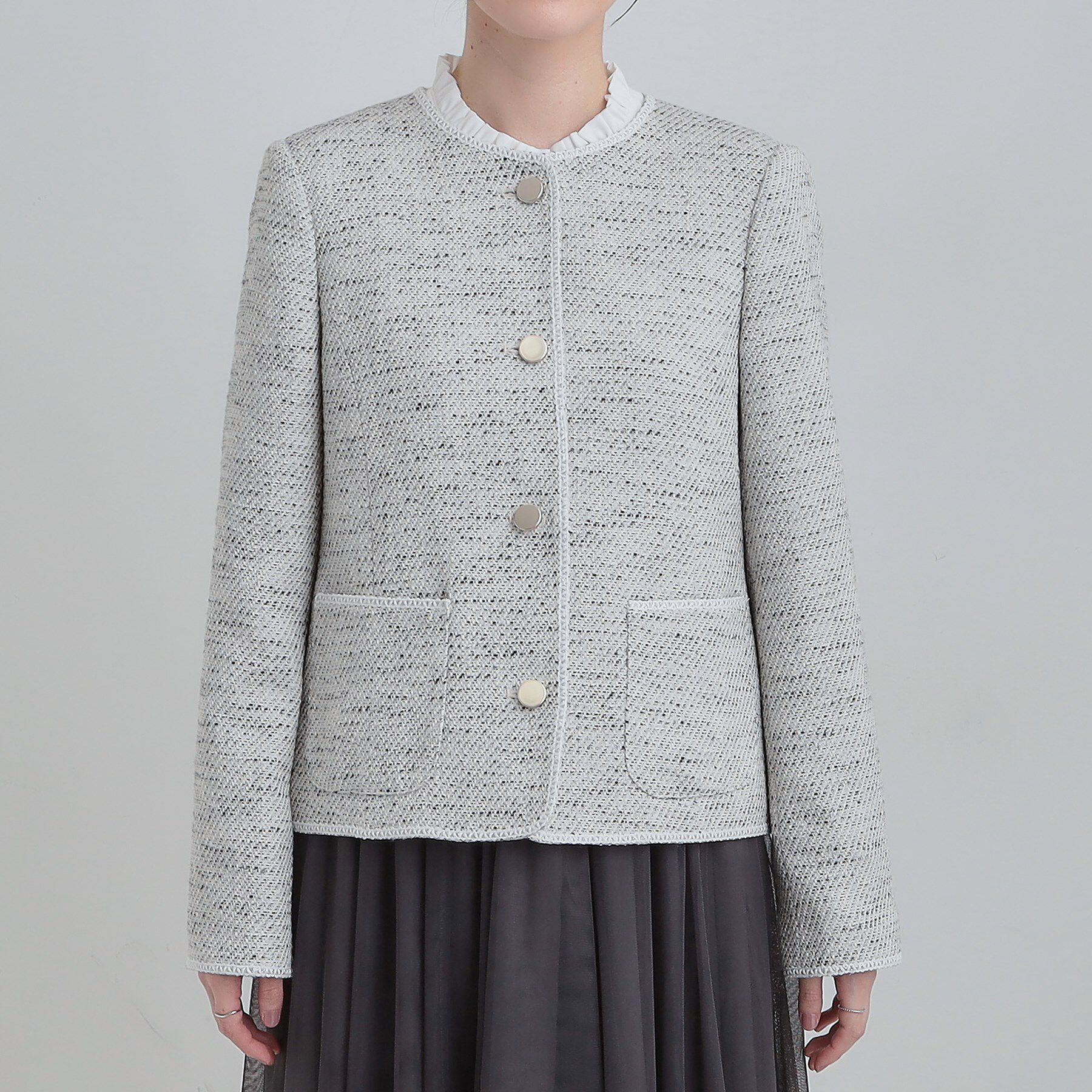 SHOO･LA･RUE「柔らかく軽い ライトツイードジャケット」|ノーカラージャケット|