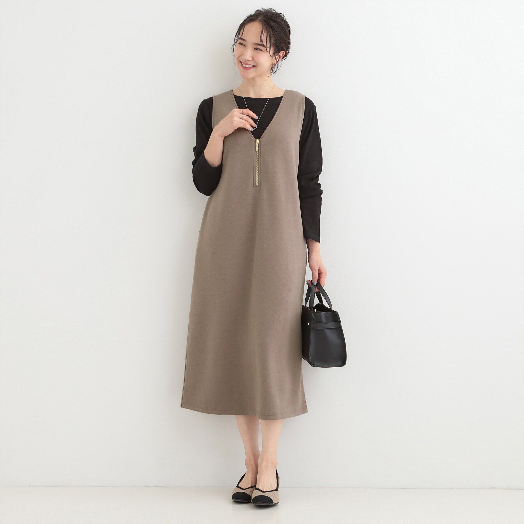 SHOO･LA･RUE「なめらかダンボールハーフジップ Vネックジャンパースカート」|ワンピース|