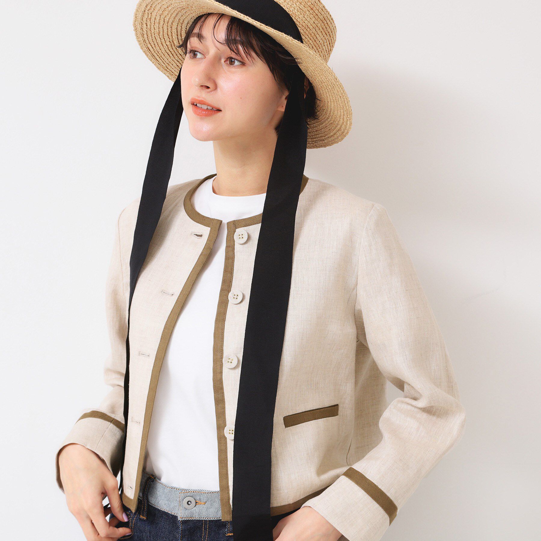 Dessin「【セットアップ可能・洗える】配色クルーネック麻ジャケット」|ノーカラージャケット|ベージュ(052)