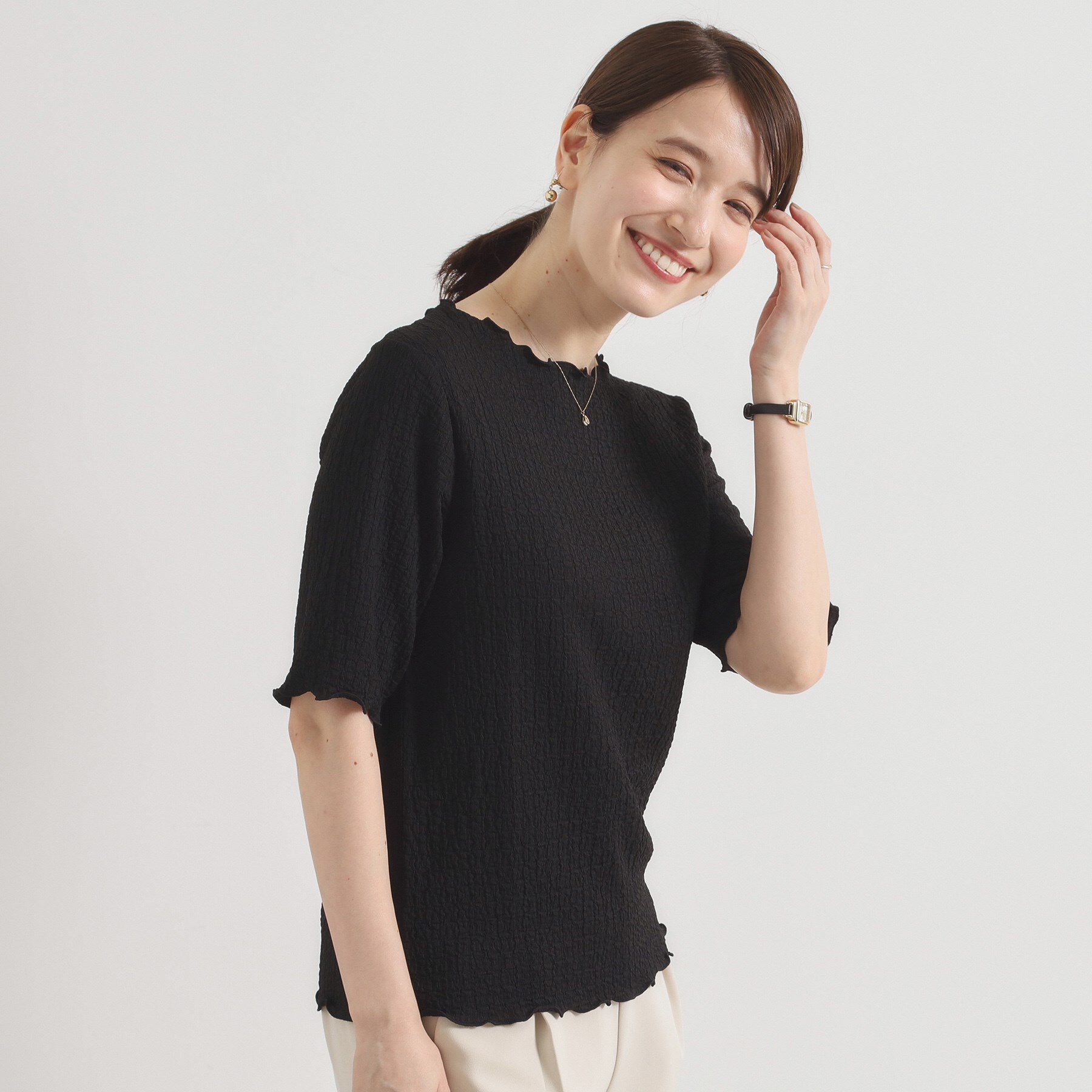 ITS&rsquo;DEMO「【手洗い可】シャーリングジャカードプルオーバー」|Tシャツ・カットソー|ブラック(019)