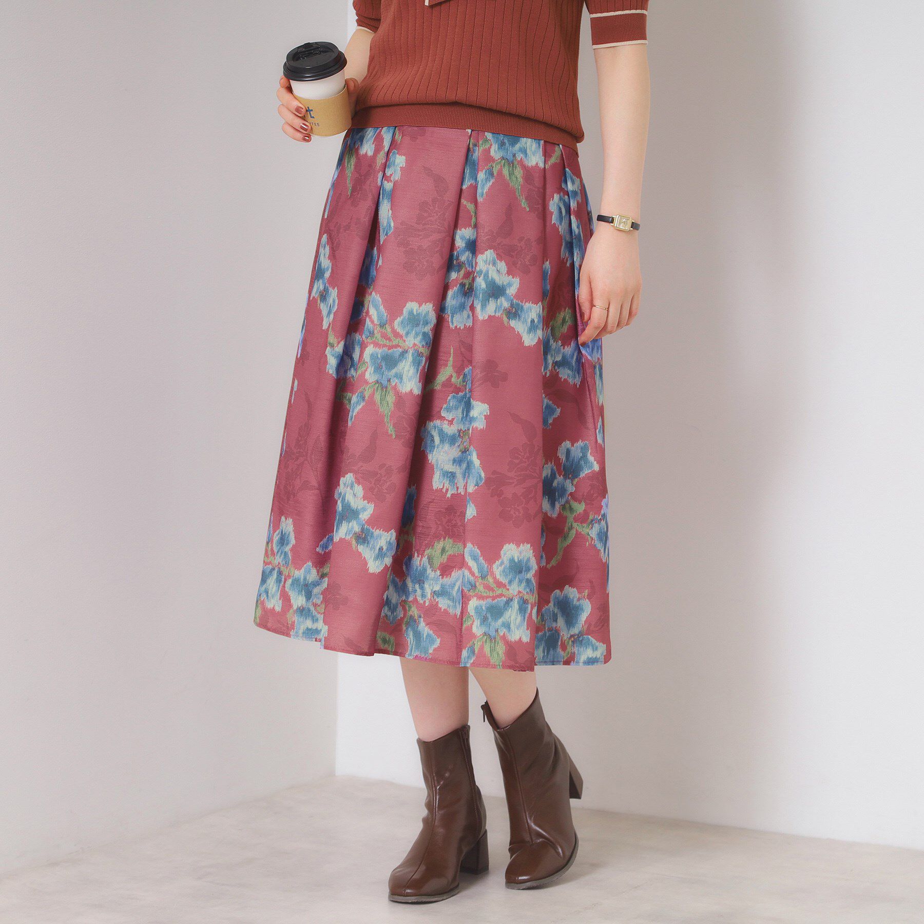 ITS&rsquo;DEMO「【手洗い可】花柄シャンタンスカート」|スカート|ボルドー(164)