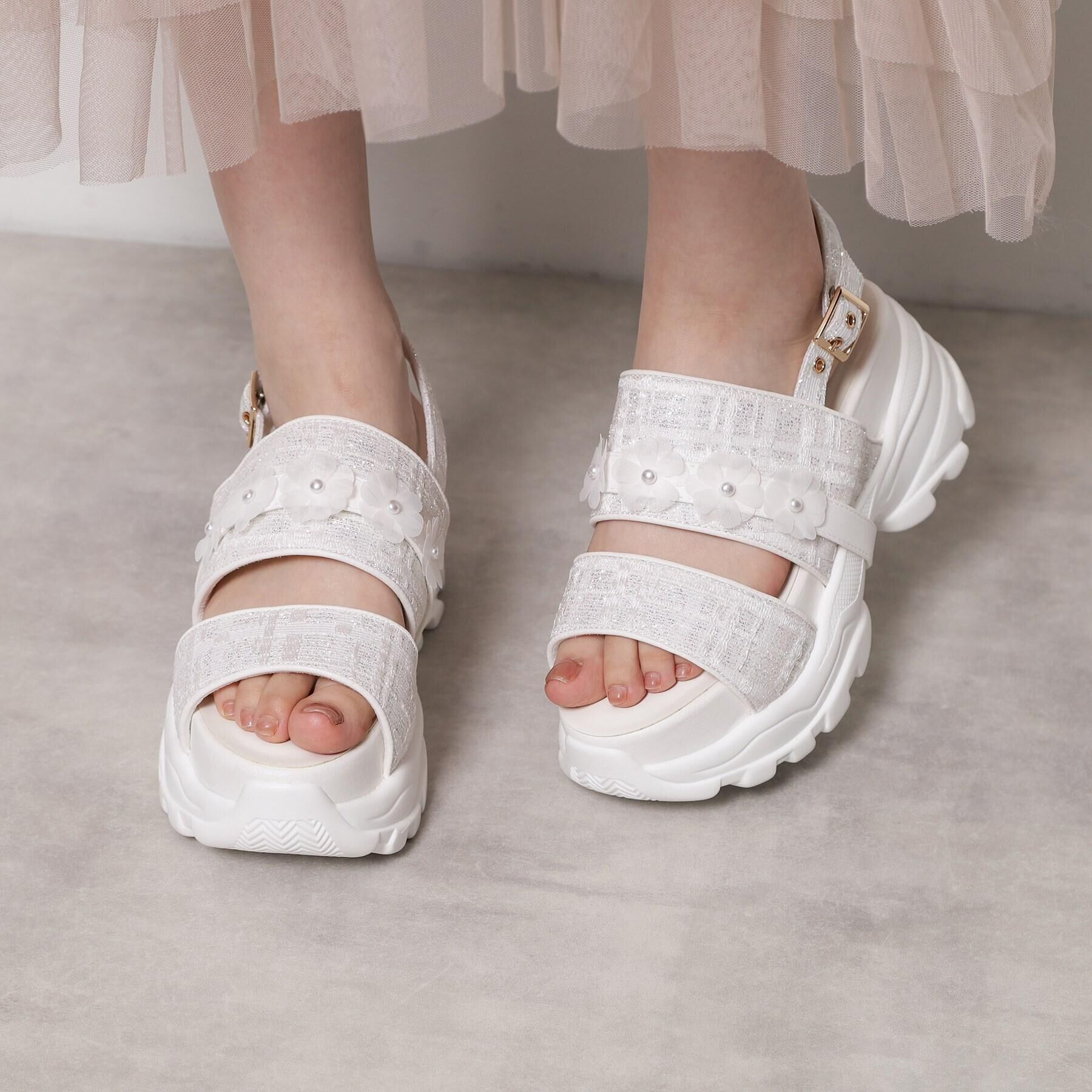 ESPERANZA「ツイード風フラワーベルトスポサン」|サンダル|アイボリー(004)