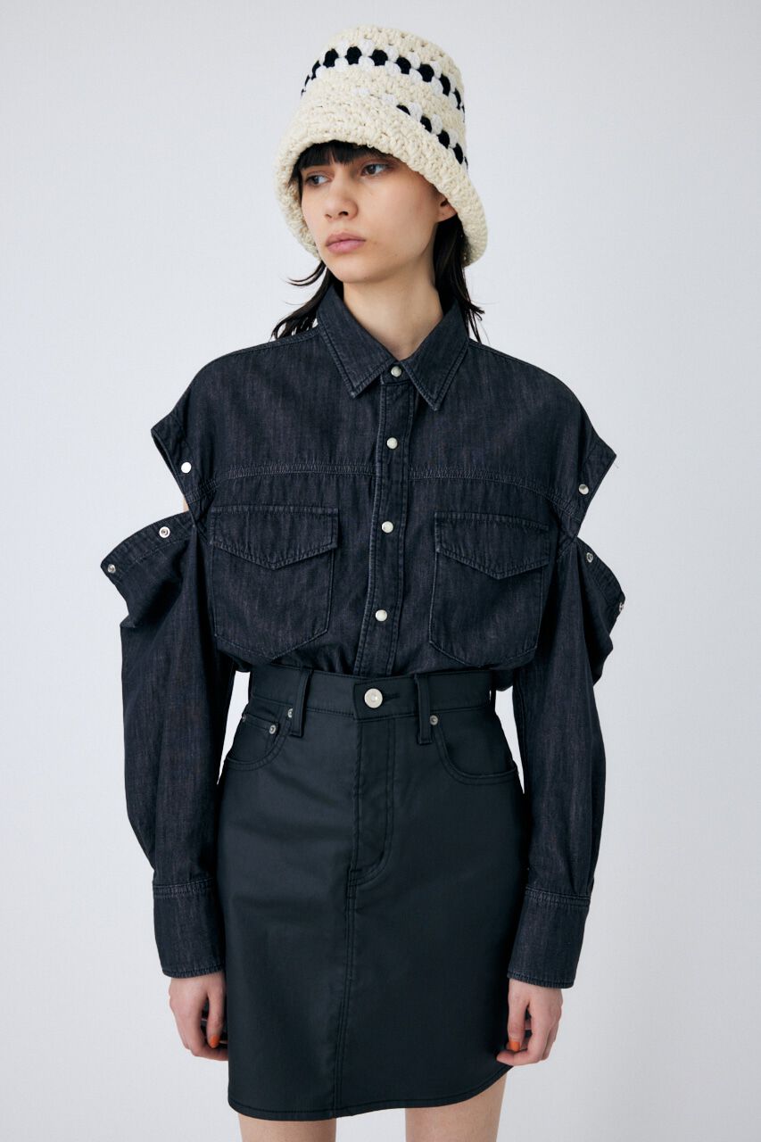 MOUSSY「CUT OUT DENIM シャツ」|Tシャツ・カットソー|BLK