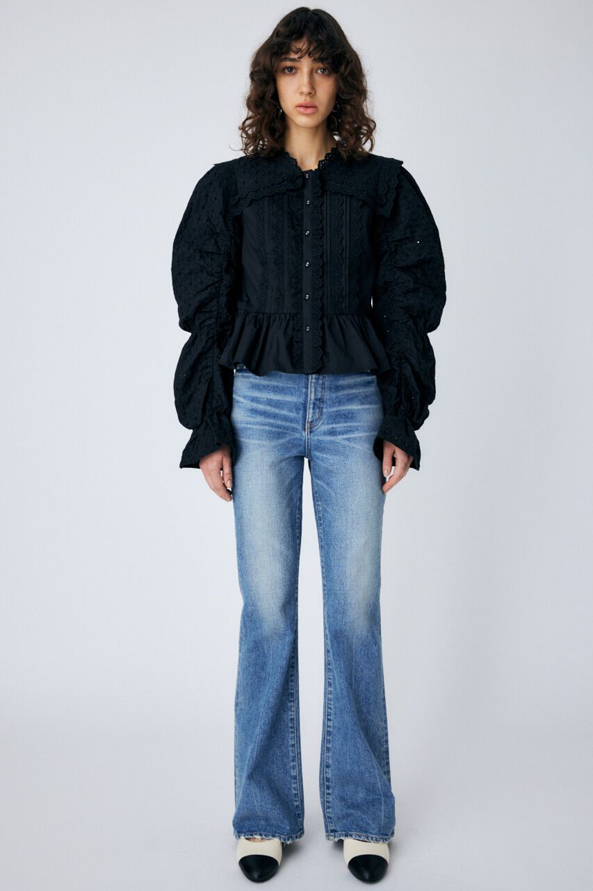 MOUSSY「LACE SHIRRING SLEEVE ブラウス」|シャツ・ブラウス|BLK
