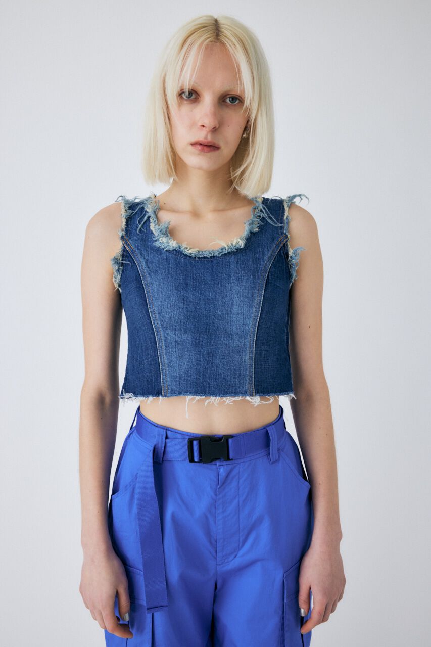 MOUSSY「PANEL DENIM SLEEVELESS トップス」|タンクトップ|