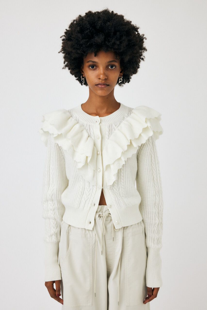 MOUSSY「F／PEARL BUTTON STAND FRILL カーディガン」|ニット・セーター|