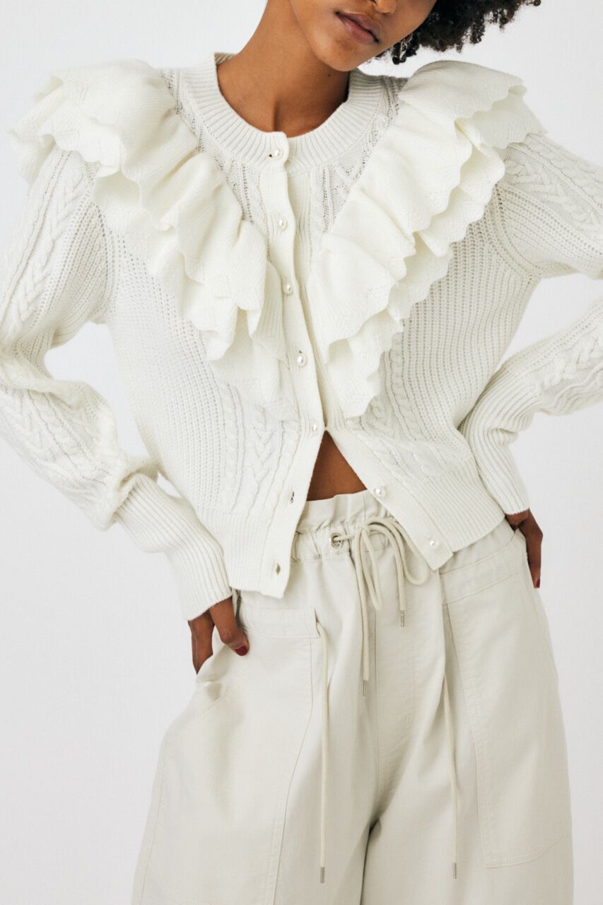 MOUSSY「F／PEARL BUTTON STAND FRILL カーディガン」|ニット・セーター|