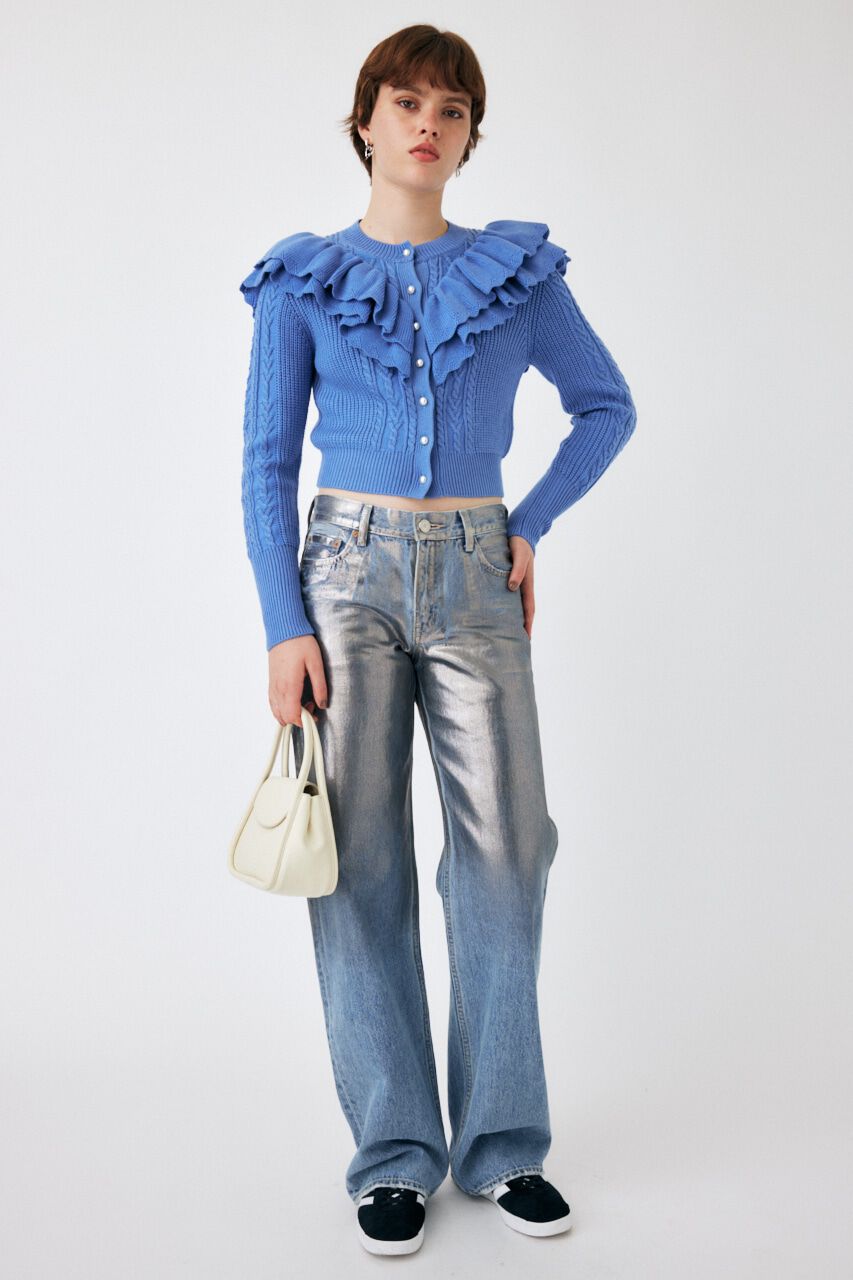 MOUSSY「F／PEARL BUTTON STAND FRILL カーディガン」|ニット・セーター|BLU