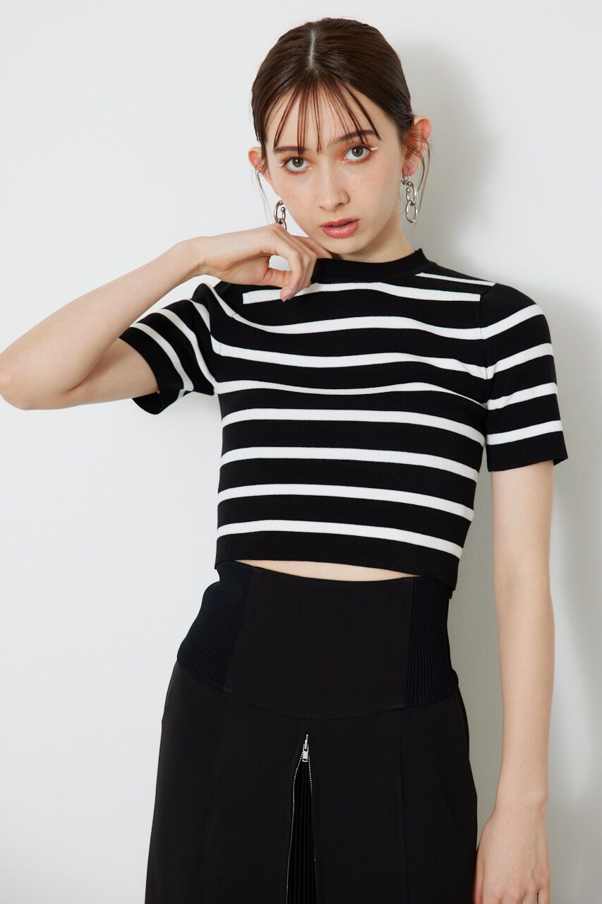 rienda「ボーダーショートKnit TOP」|ニット・セーター|BLK