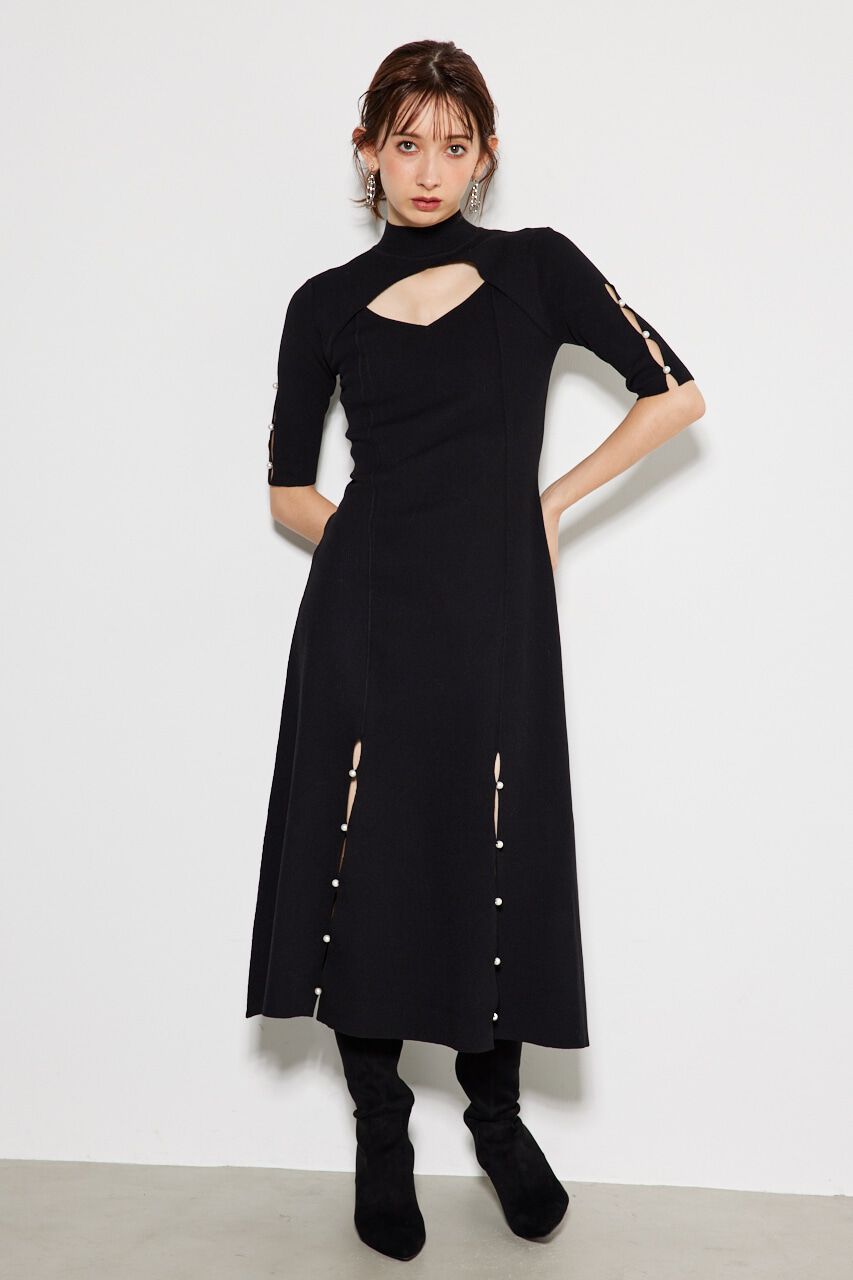 rienda「スリットボタンフレアKnit OP」|ワンピース|BLK