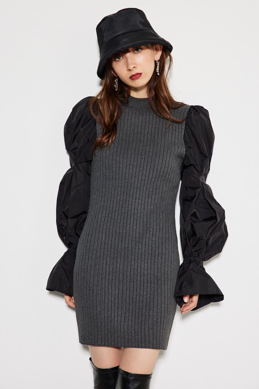 rienda「ボリュームSLVミニknitOP」|ワンピース|