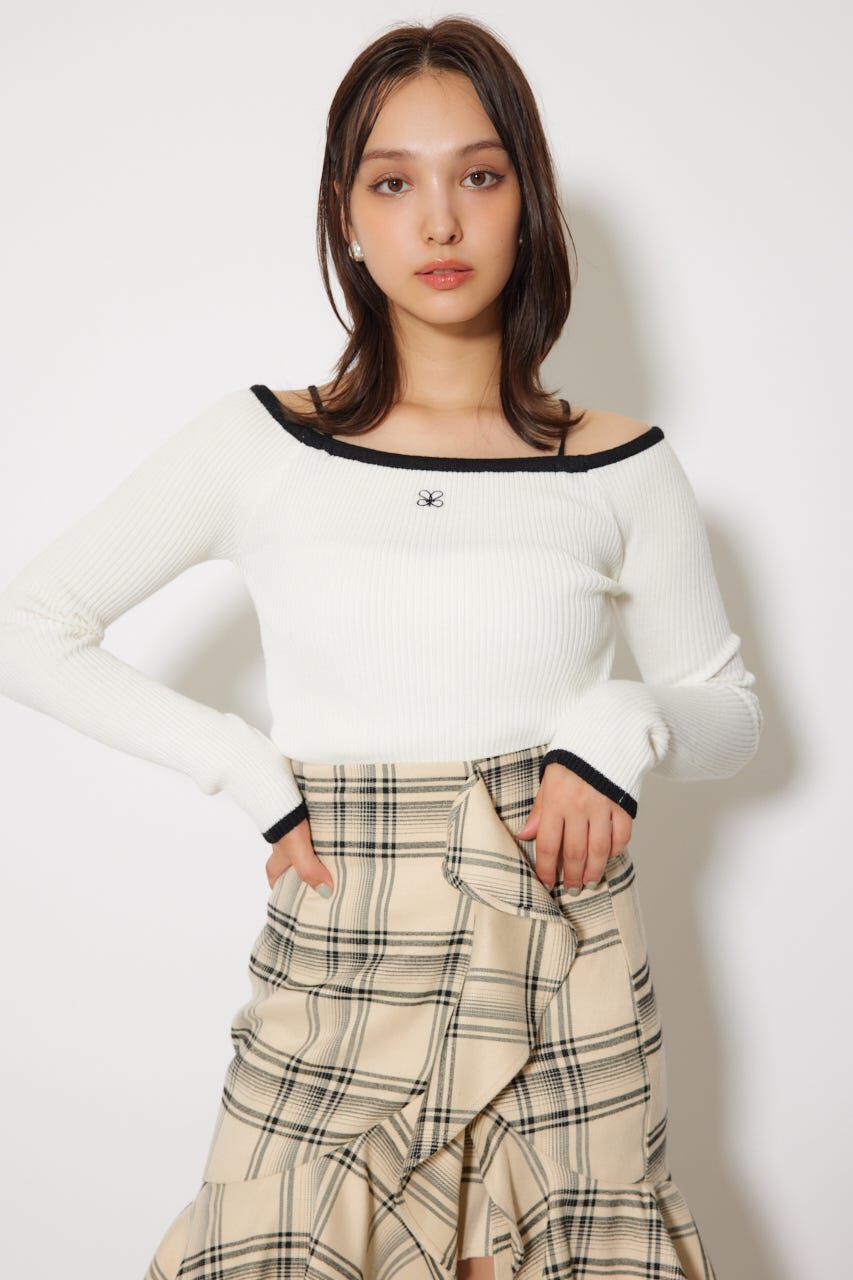 rienda「Rロゴバックリボンオフショルニットトップス」|ニット・セーター|WHT