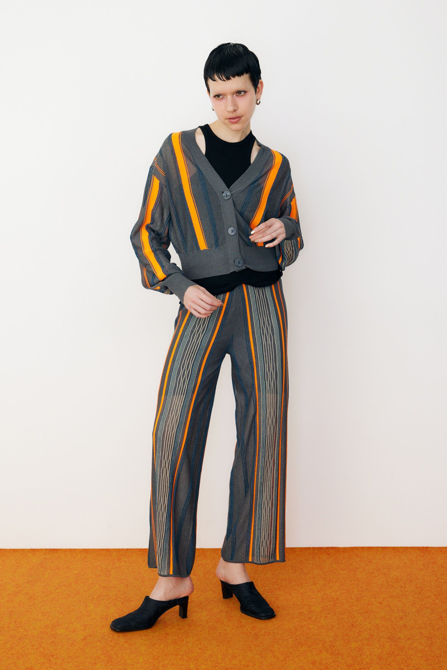 HeRIN.CYE「Sheer stripe knit pants」|その他|L/BLK1