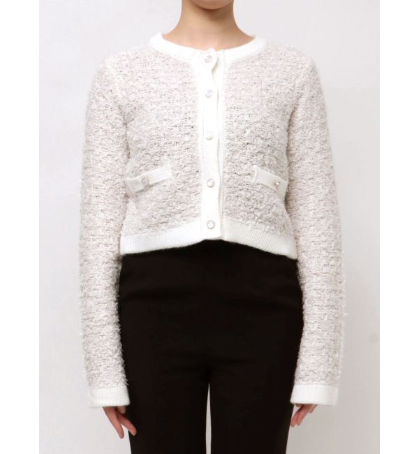 MERCURYDUO「ノーカラーツイードニットカーディガン」|カーディガン|
