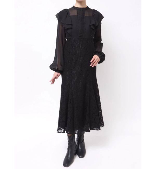 MERCURYDUO「レース切替マーメイドワンピース」|ドレス|ブラック