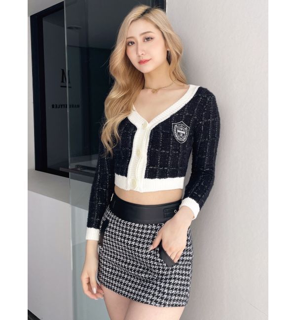 GYDA「ツイードライクエンブレムニットカーディガン」|カーディガン|ブラック