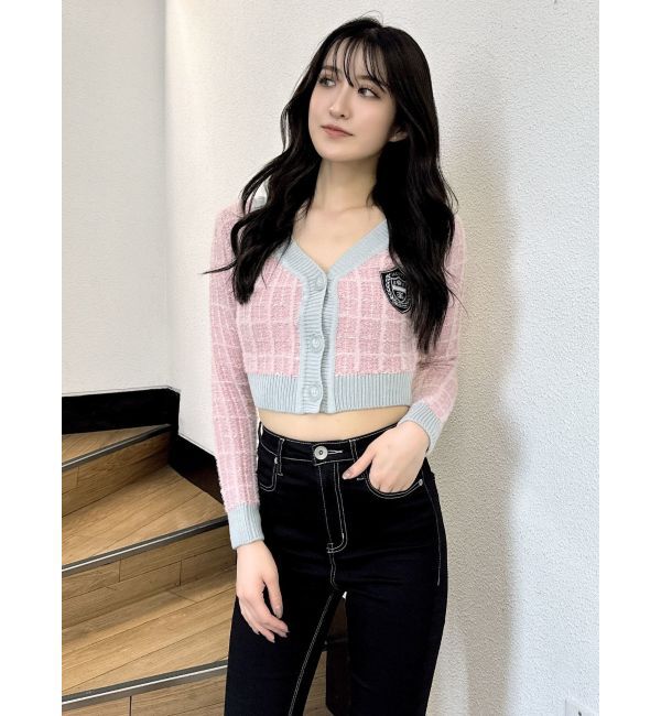 GYDA「ツイードライクエンブレムニットカーディガン」|カーディガン|ピンク