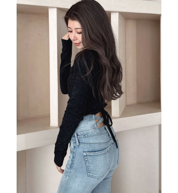 GYDA「BACK リボンラメシャギーショートニットトップス」|ニット・セーター|