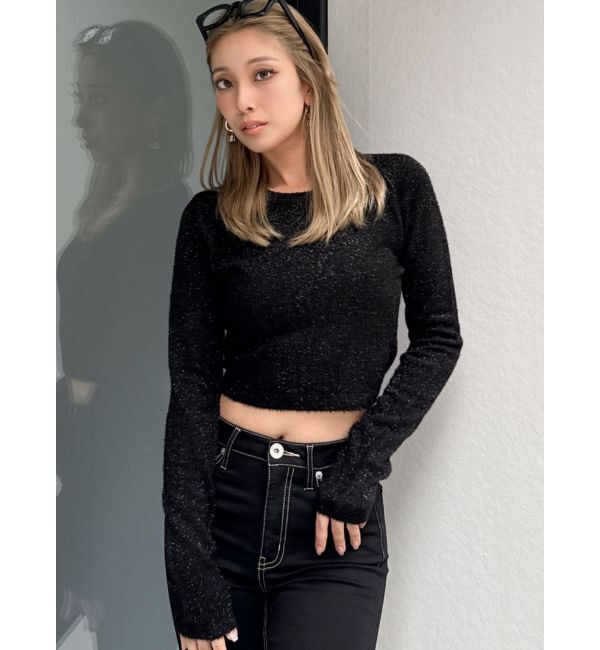 GYDA「BACK リボンラメシャギーショートニットトップス」|ニット・セーター|