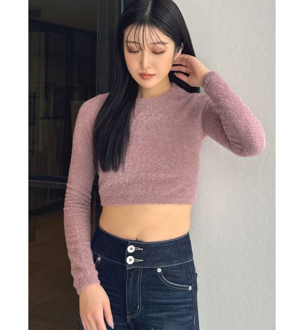 GYDA「BACK リボンラメシャギーショートニットトップス」|ニット・セーター|