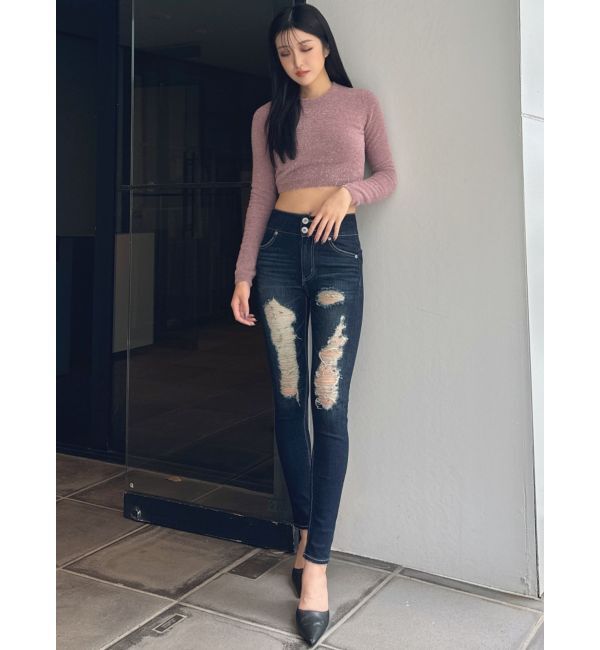 GYDA「BACK リボンラメシャギーショートニットトップス」|ニット・セーター|