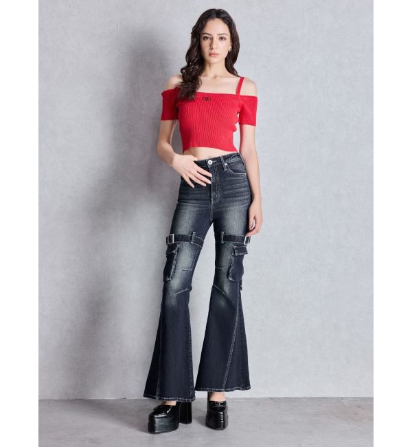 GYDA「ハイウエスト strap cargo designフレアデニムパンツ」|デニム|