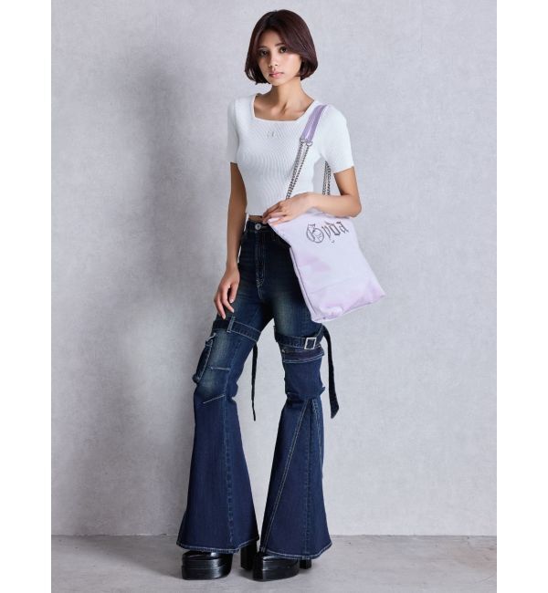 GYDA「ハイウエスト strap cargo designフレアデニムパンツ」|デニム|